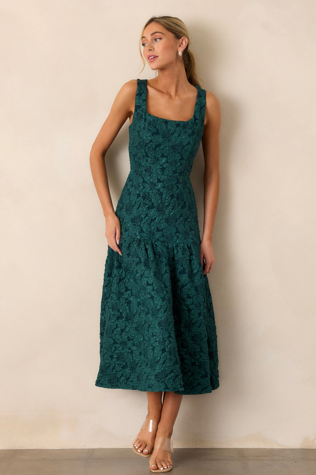 Jacquard Green Drop Waist Midi Dress