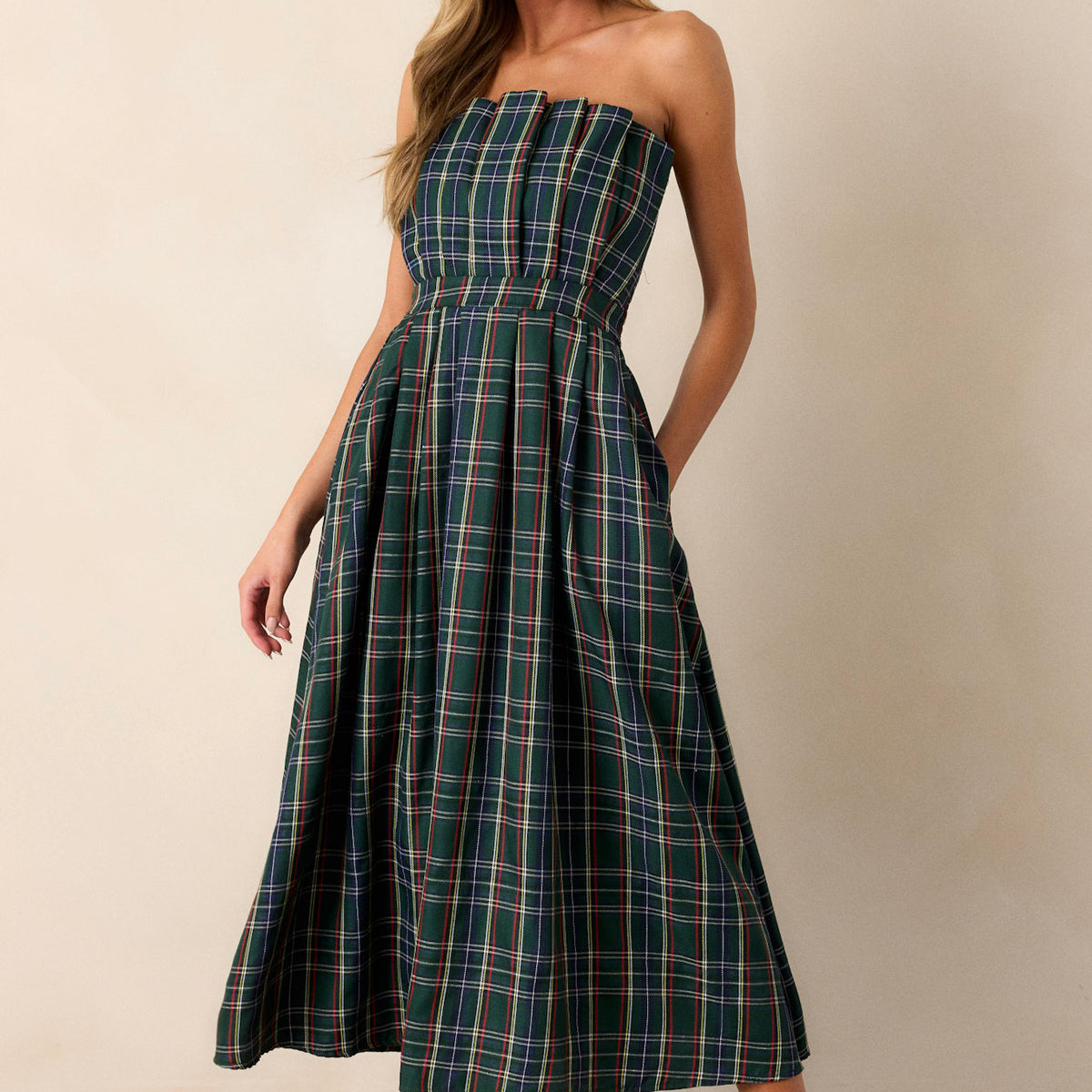 formal plaid dress The Genevieve Green Plaid Strapless Midi Dress - All Dresses