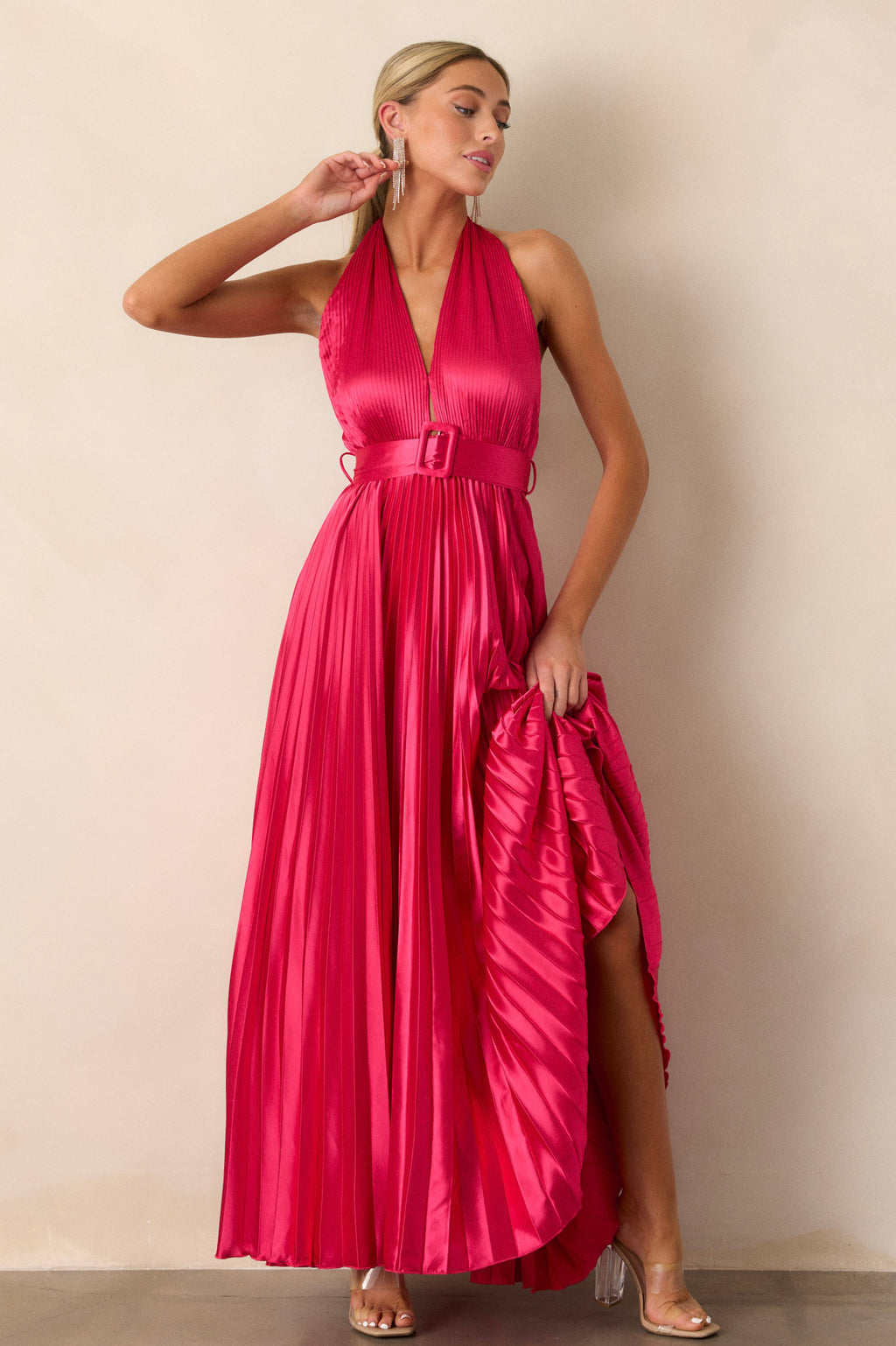 Magenta Pink Pleated Halter Maxi Dress - All Dresses