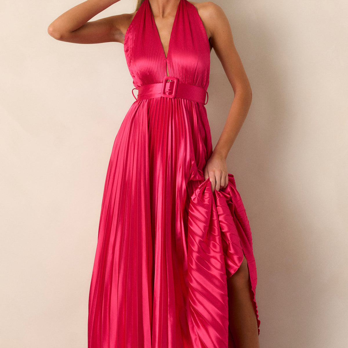 Magenta Pink Pleated Halter Maxi Dress - All Dresses | Red Dress Magenta Pink Pleated Halter Maxi Dress - All Dresses | Red Dress
