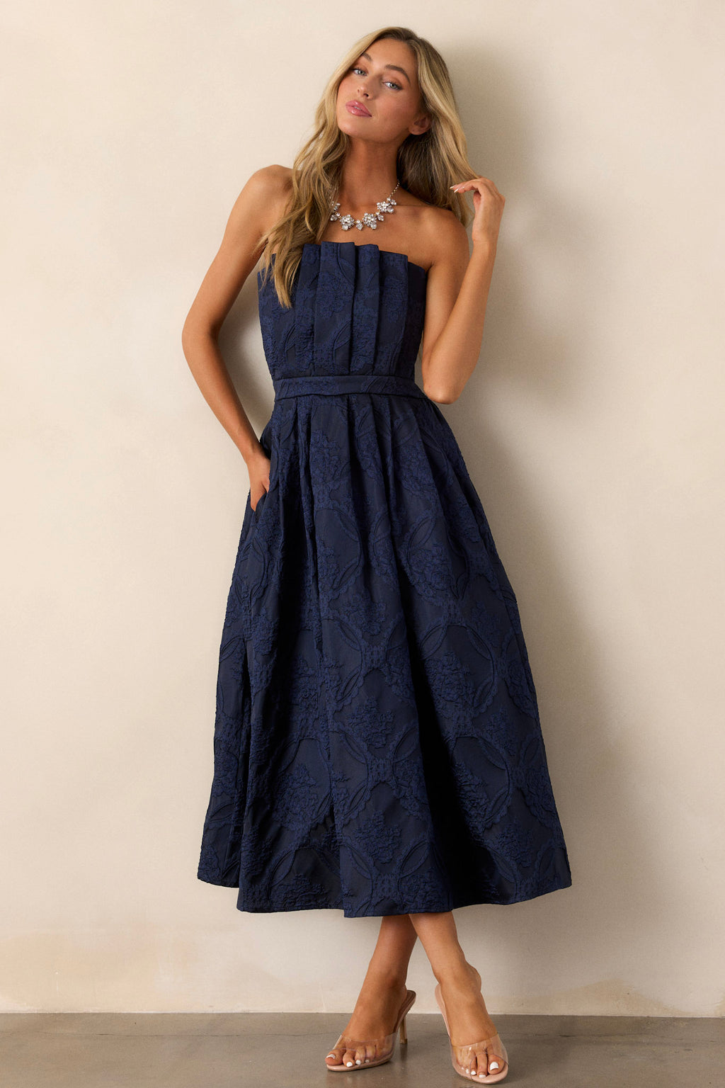 The Genevieve Navy Blue Floral Jacquard Midi Dress - All Dresses