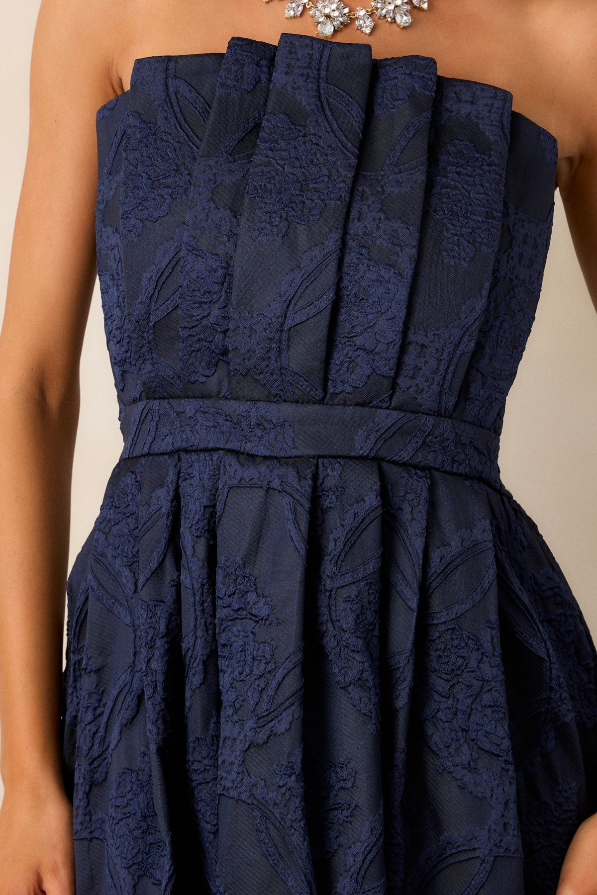 The Genevieve Navy Blue Floral Jacquard Midi Dress - All Dresses | Red ...