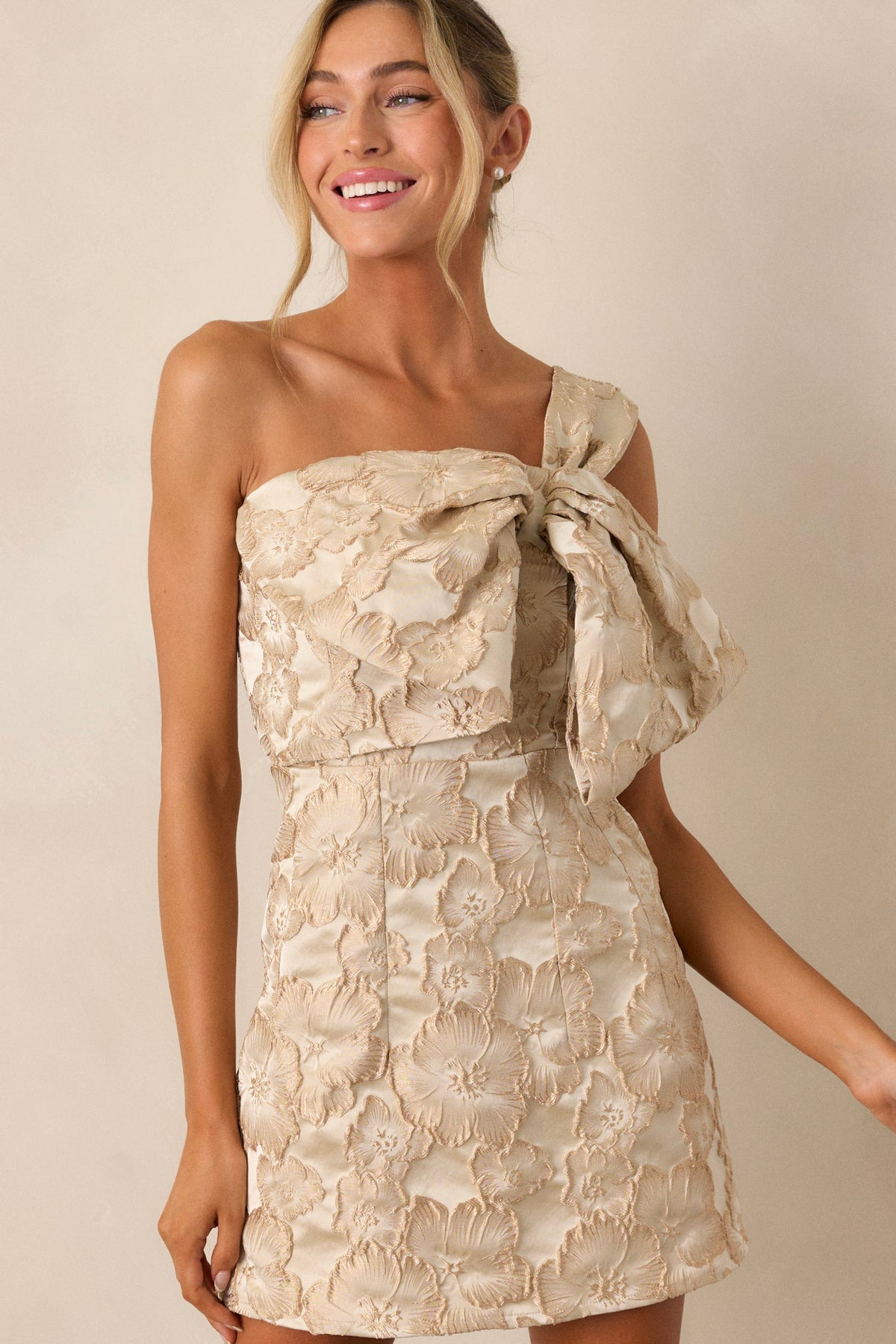 Champagne Gold Floral Jacquard Mini Dress