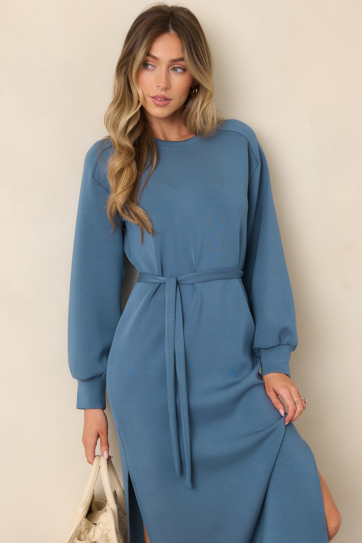 Blue crew neck midi dress featuring a relaxed bodice and adjustable self-tie waist