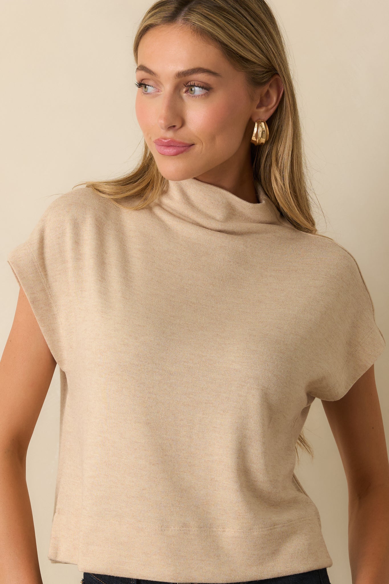 Plans Are Made Oatmeal Beige Relaxed Mock Neck Cap Sleeve Top