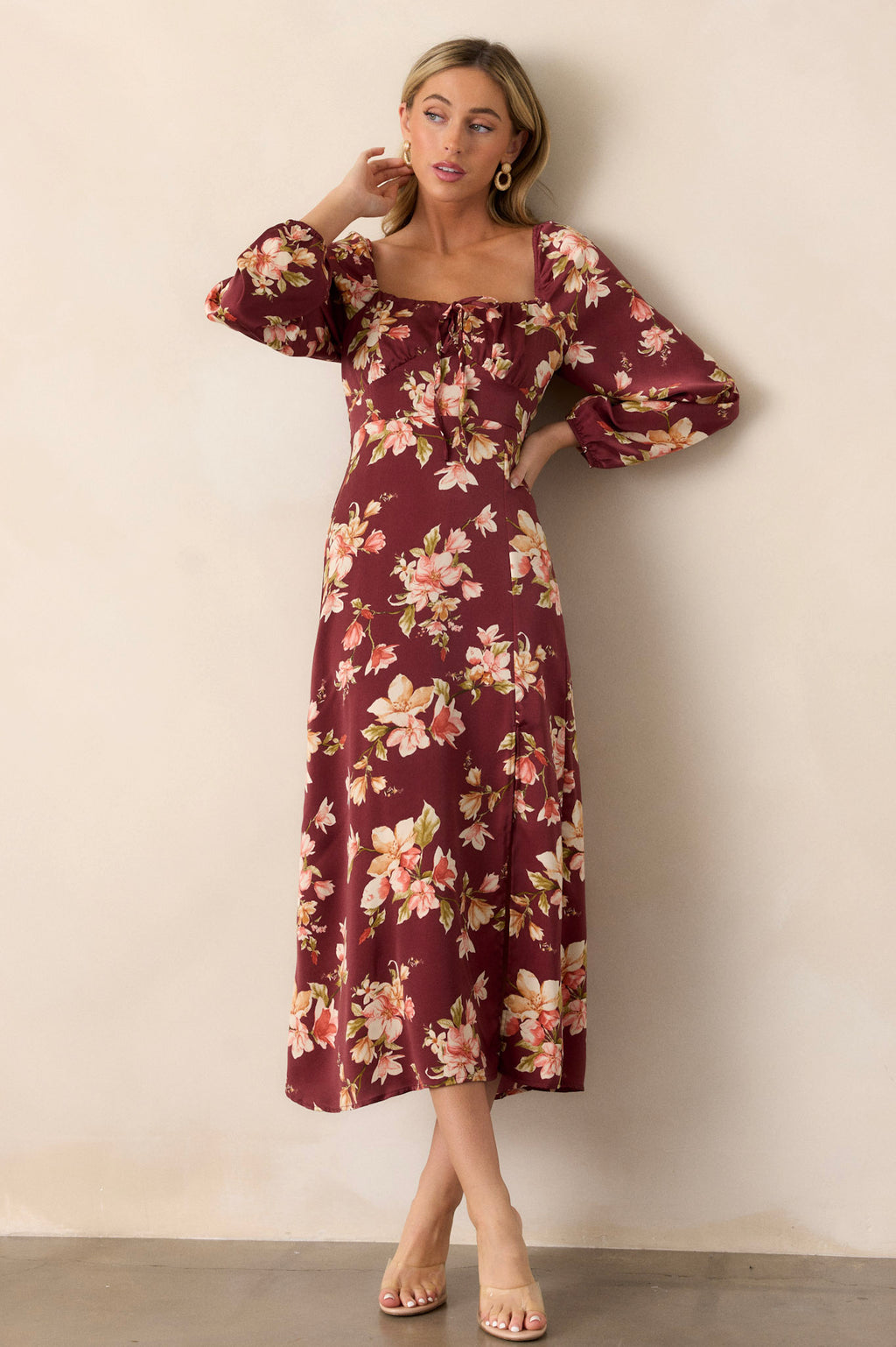 Burgundy Floral Long Sleeve Midi Dress - All Dresses