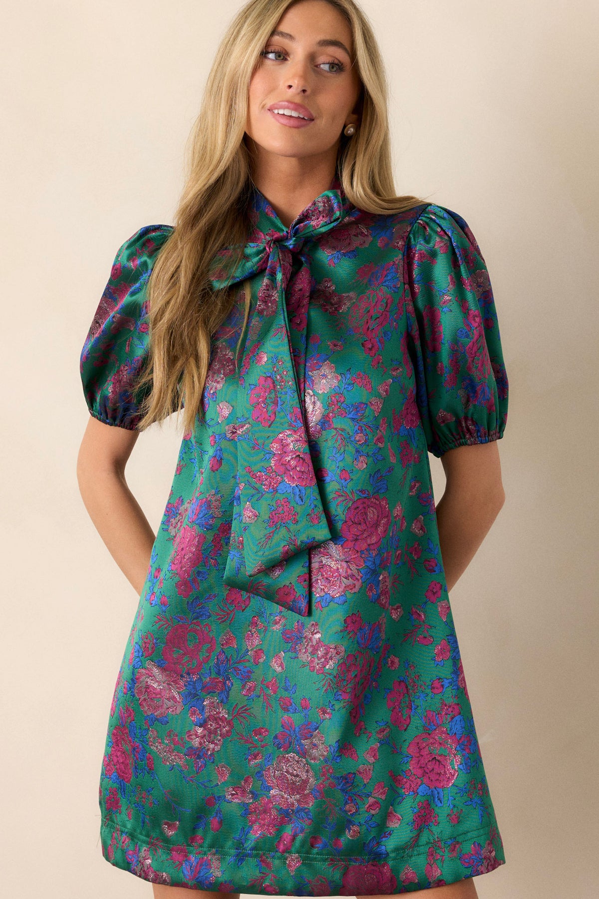 Jacquard Puff Sleeve Mini Dress