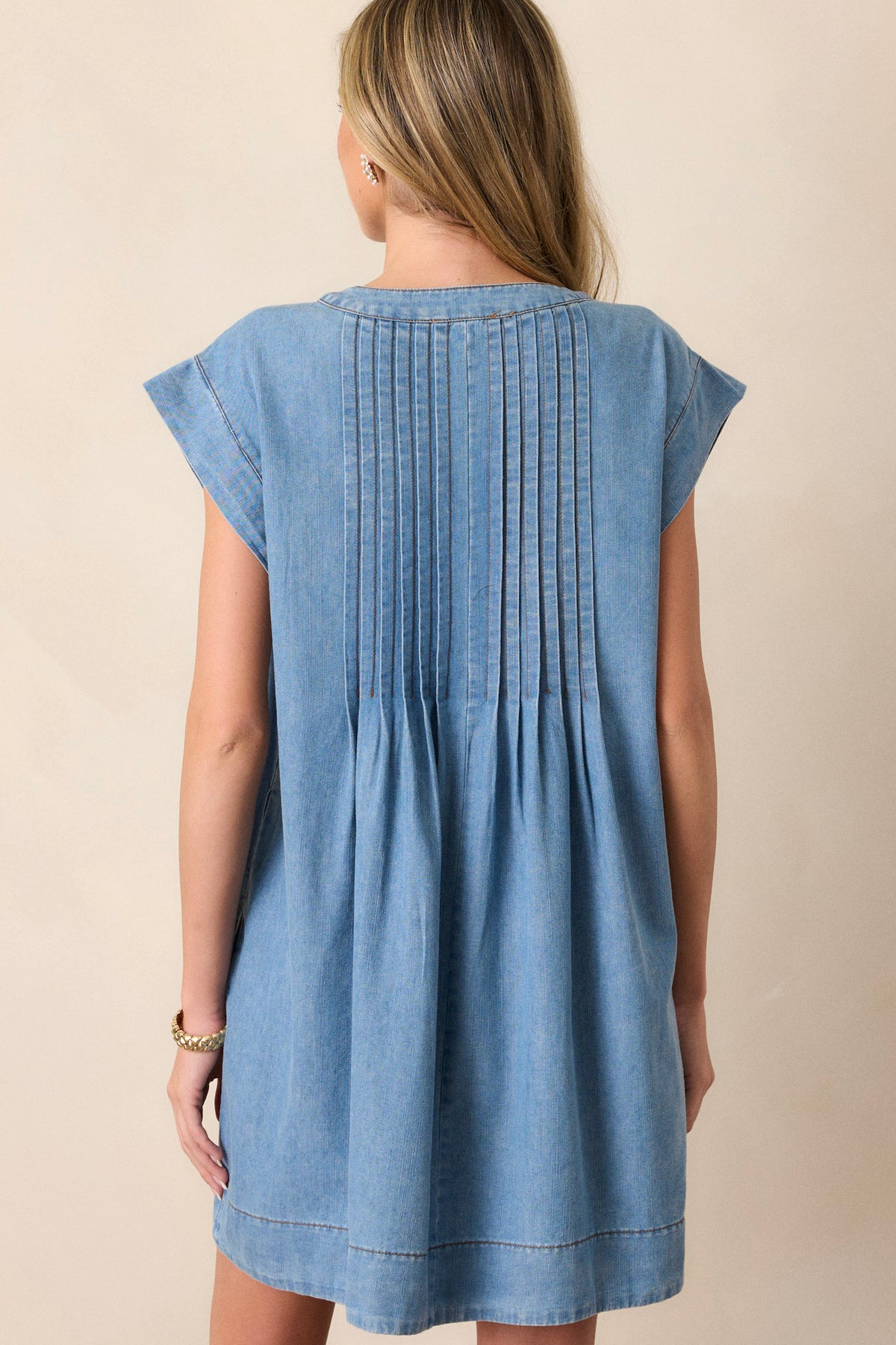 Light Wash Chambray Pleated Mini Dress - All Dresses | Red Dress
