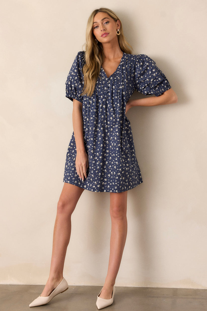 Entro Navy Floral Puff Sleeve Cotton Mini Dress