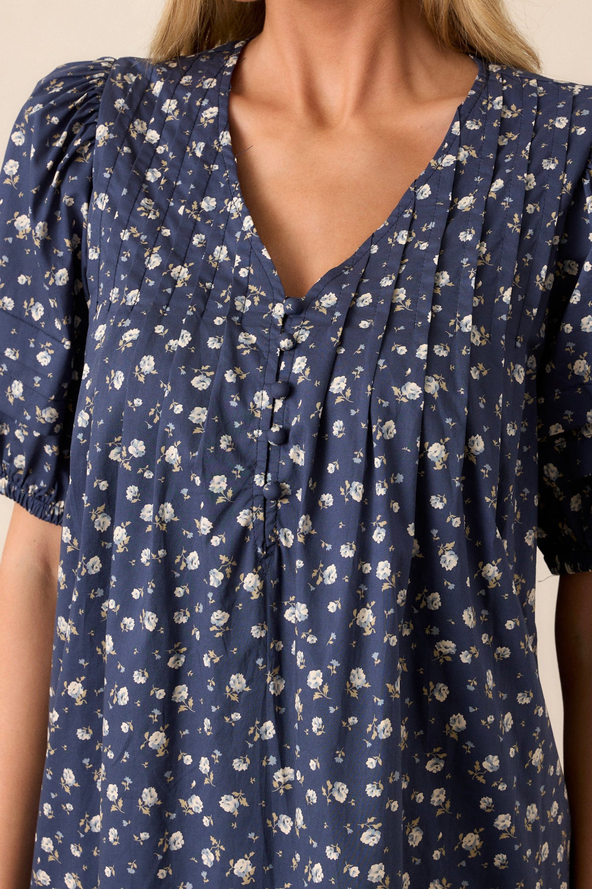 Late Spring Puff Sleeves Ruffle Mini Dress Navy
