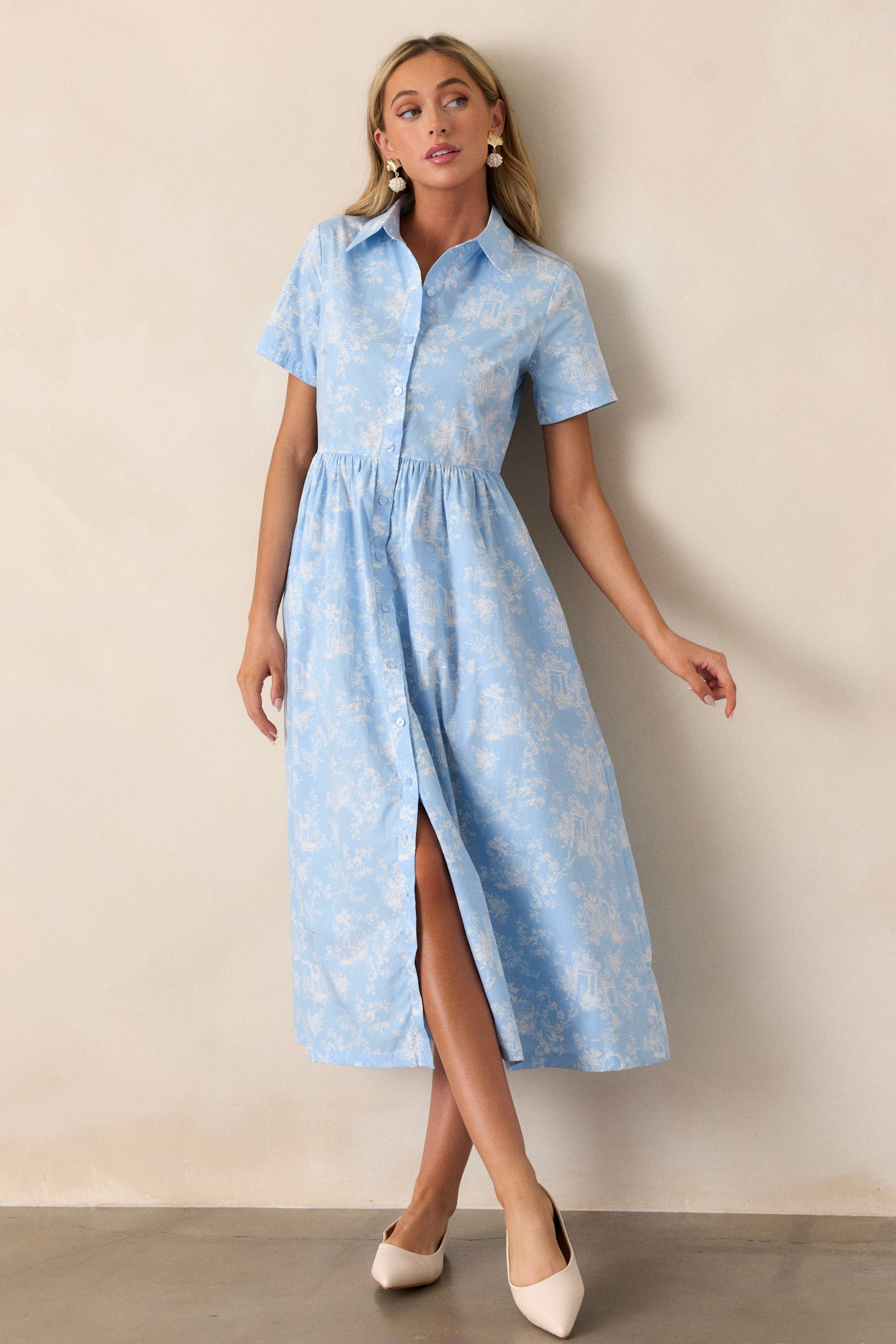 100% Cotton Light Blue Toile Midi Dress