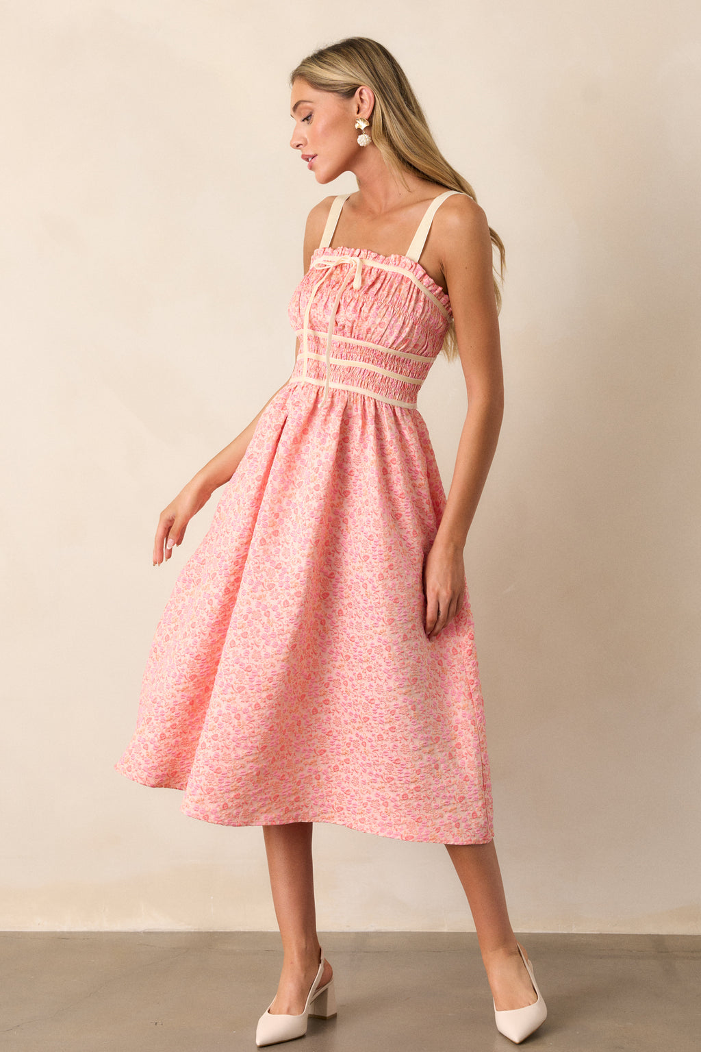 Light Pink Floral Jacquard Midi Dress - All Dresses
