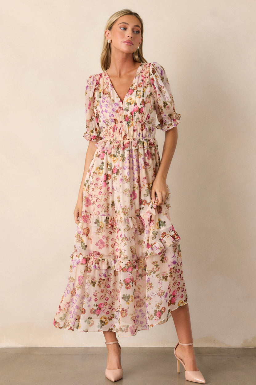 Long Sleeve Floral Midi Dress - Beige main image 1