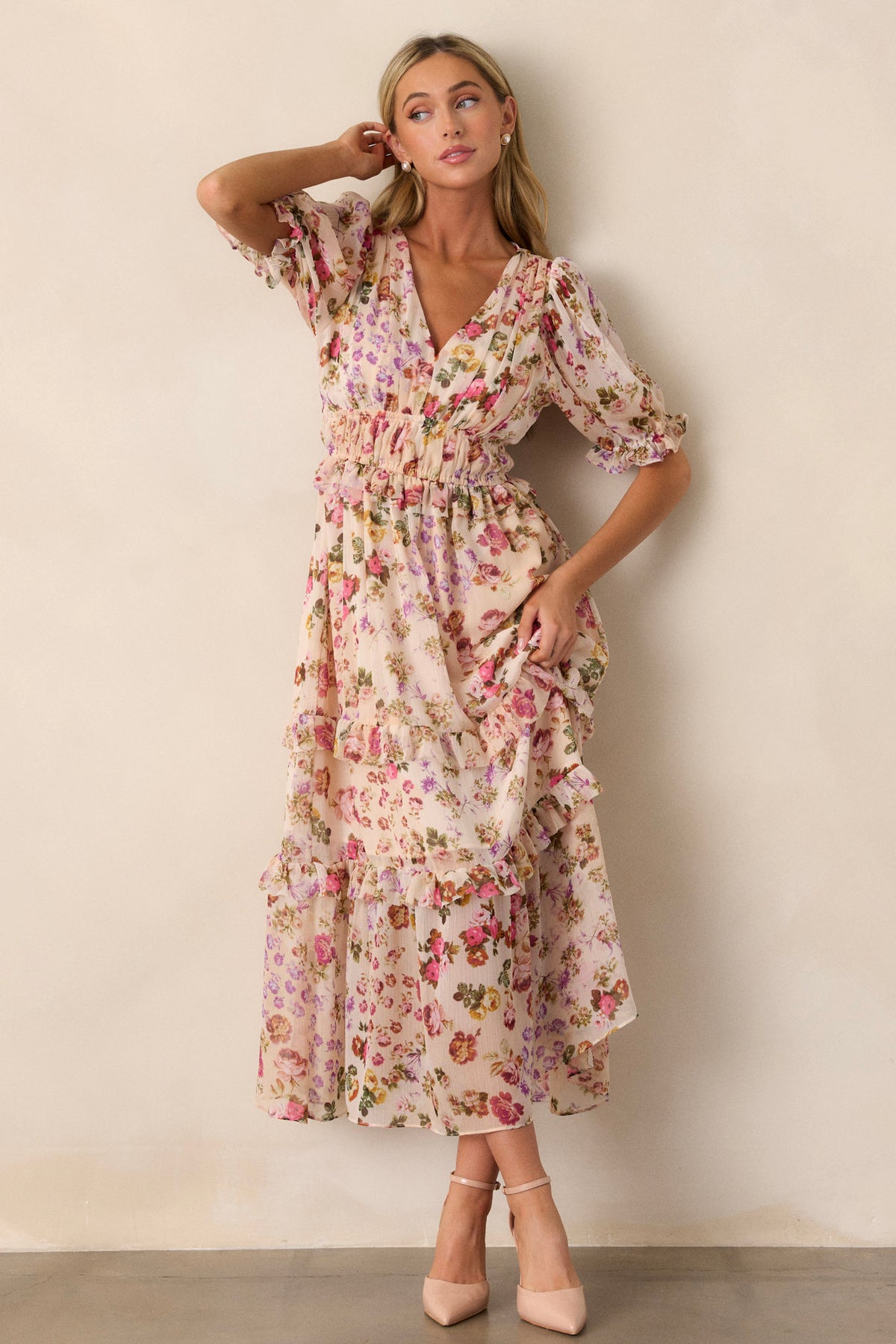 Beige Floral Midi Dress