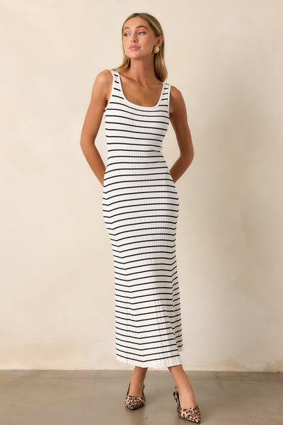 White Stripe Ribbed Maxi Dress - Casual Dresses