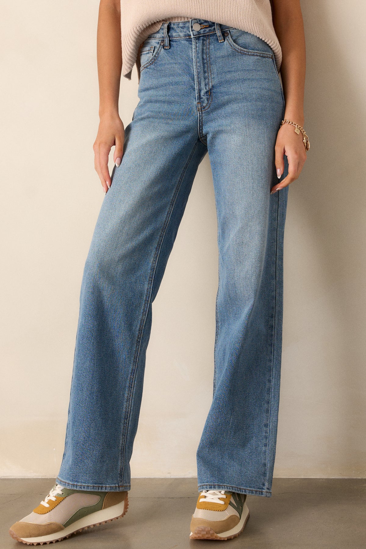 SOFT BRUSHED TEXTURED MEDIUM WASH WIDE LEG JEANS - INSEAM 79CM