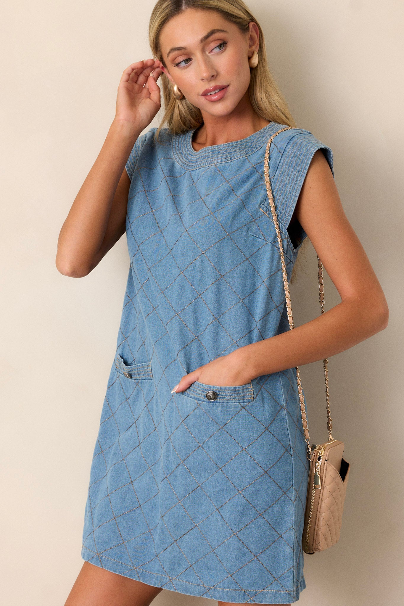 Light Chambray Quilted Mini Dress - All Dresses | Red Dress