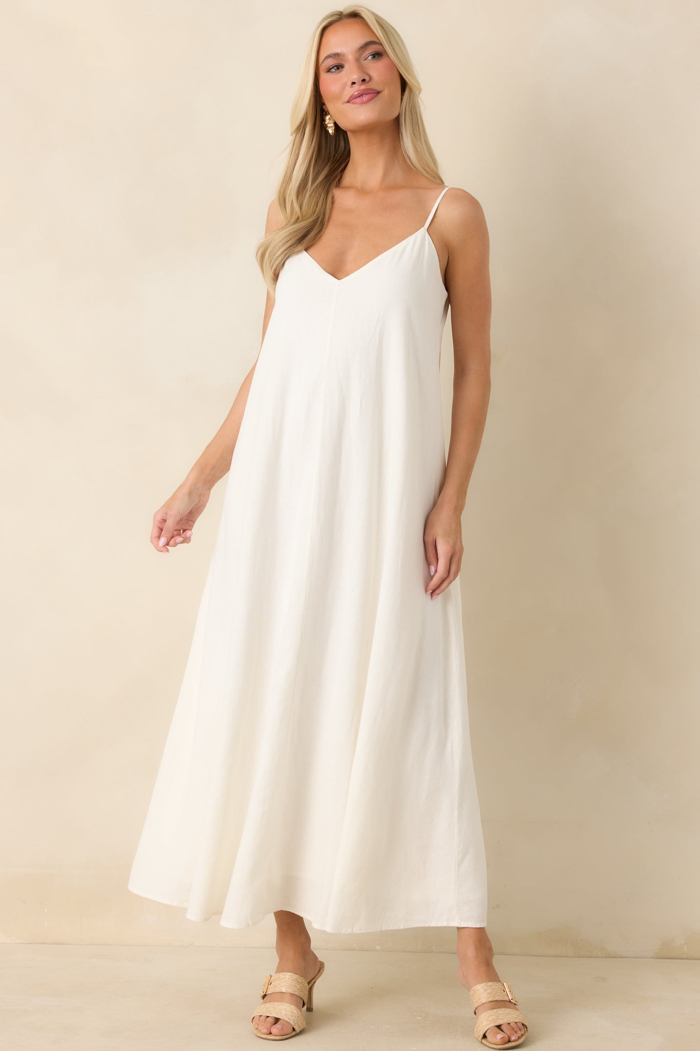 Women's Sandcomber White Linen Blend Midi Dress | Size: S | Red Dress