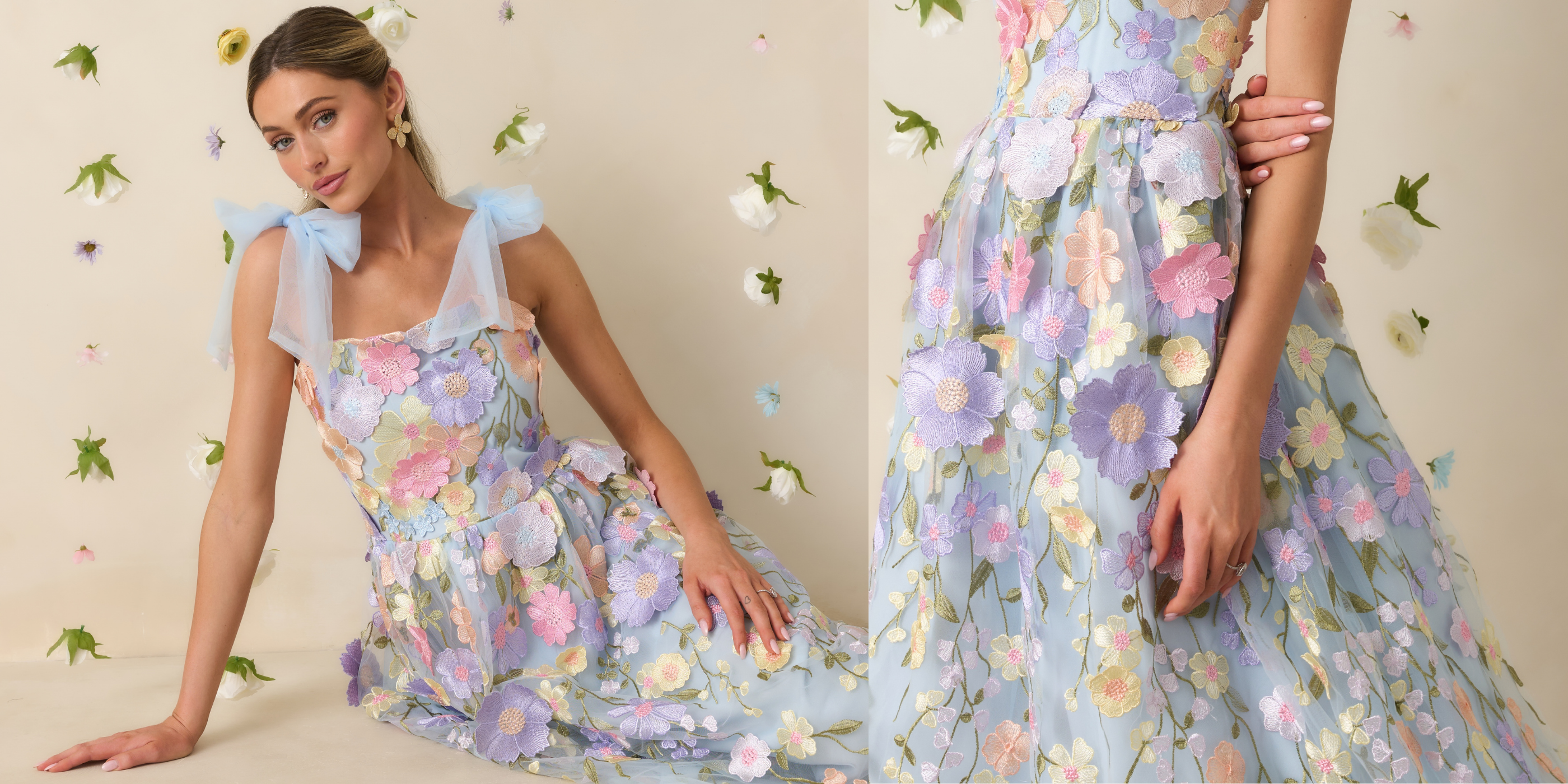 Woman wearing a floral dress with a soft background