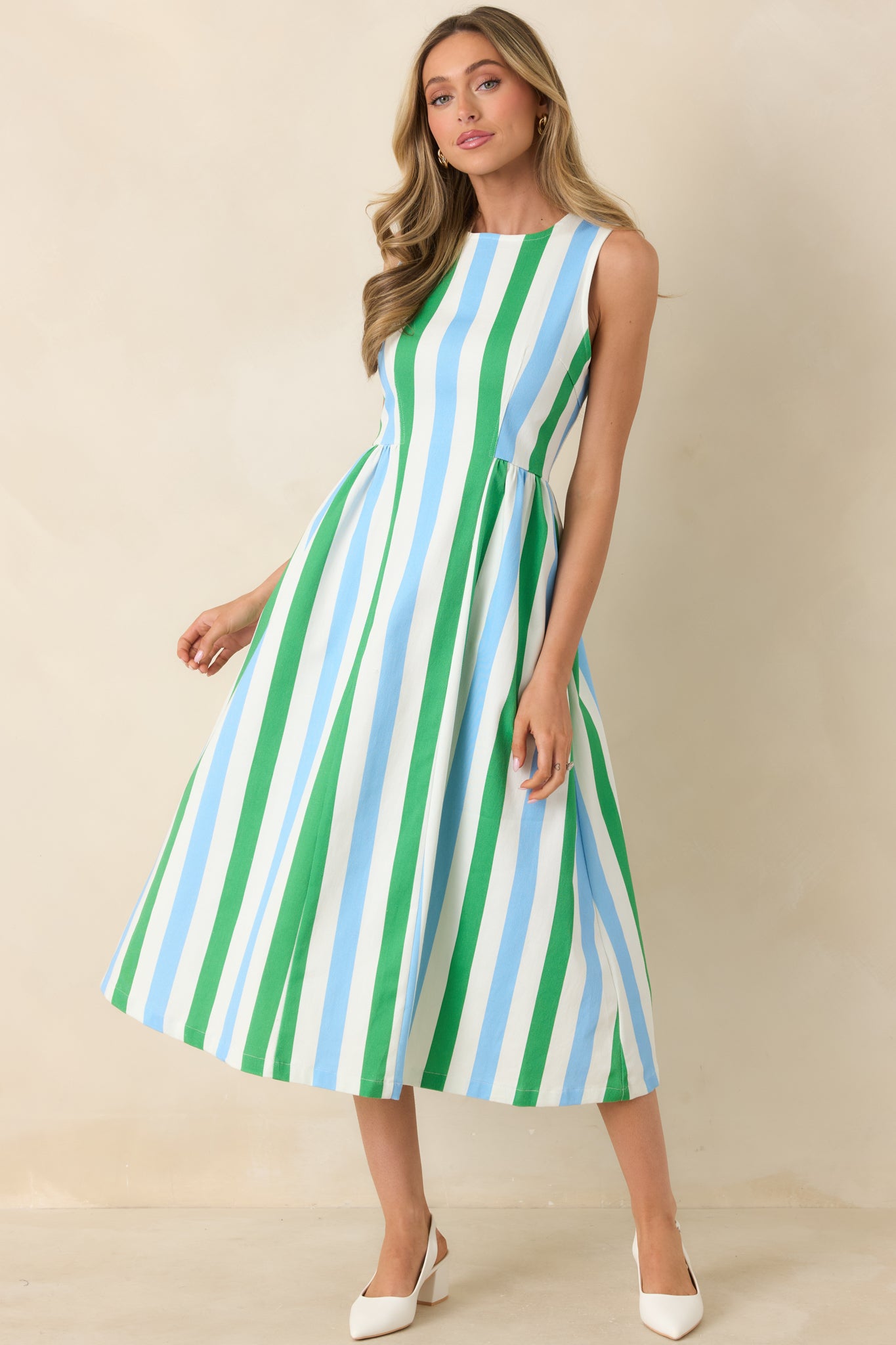 Women's All the Energy Blue Multi Stripe Cotton Sleeveless Midi Dress | Size: L | Red Dress Women's All the Energy Blue Multi Stripe Cotton Sleeveless Midi Dress | Size: L | Red Dress