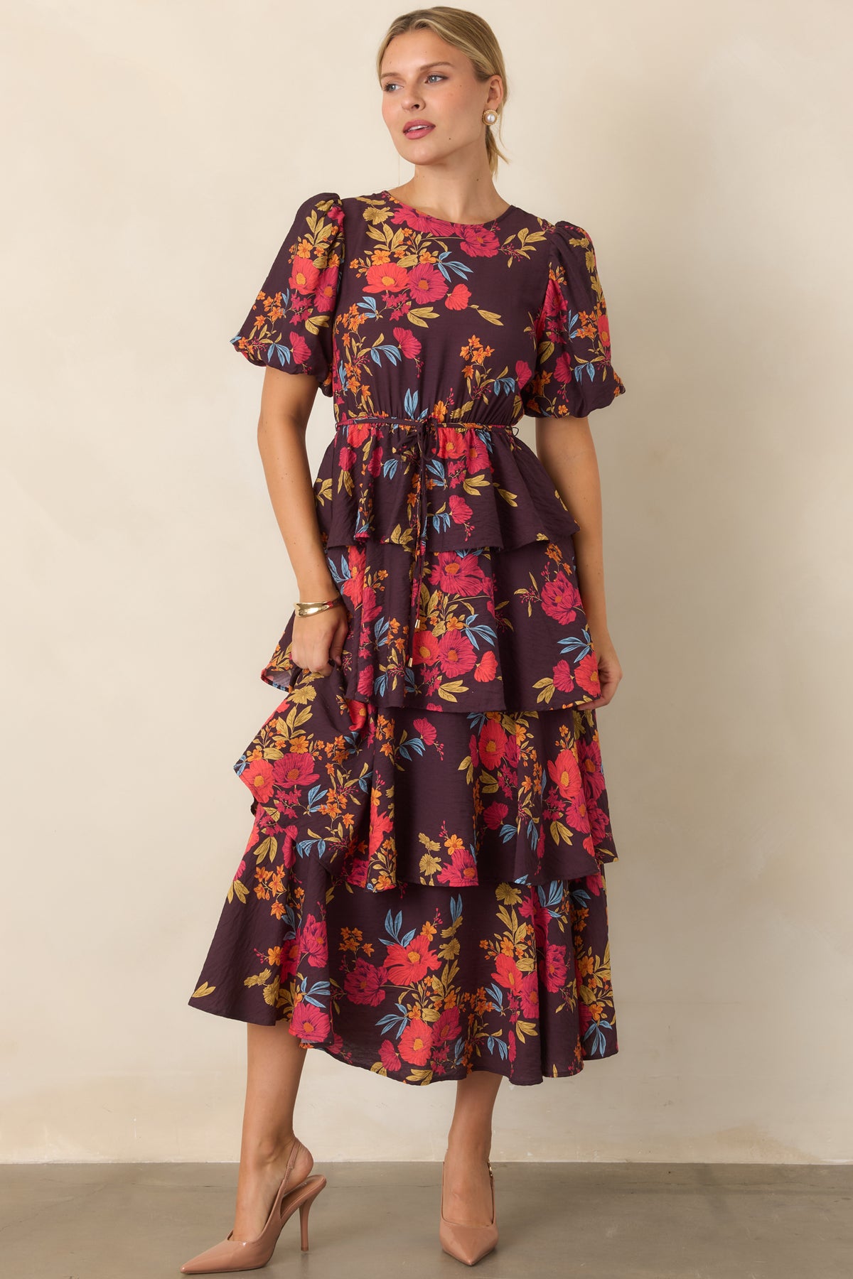 A-line maxi dress showcasing the peplum-inspired waist layer and softly gathered elasticized waistband.