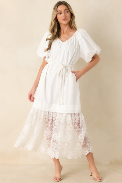 Women's Je T'aime Toujours White Cotton & Gathered Lace Maxi Dress | Size: S | Red Dress Women's Je T'aime Toujours White Cotton & Gathered Lace Maxi Dress | Size: S | Red Dress