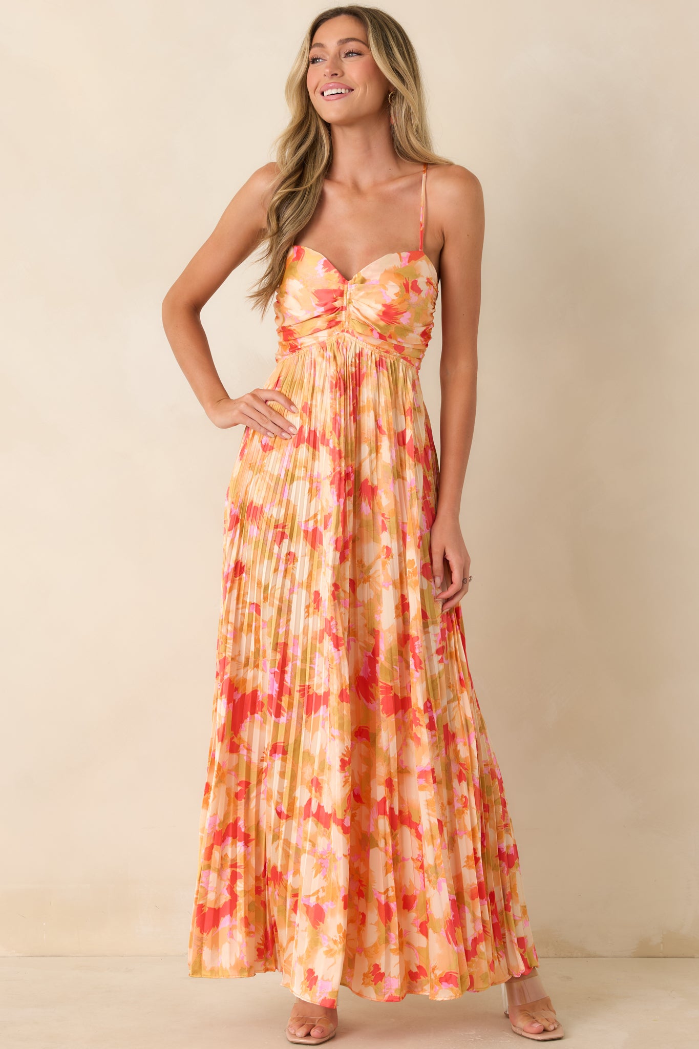 Red Dress | Peach & Red Multi Satin Finish Maxi Dress