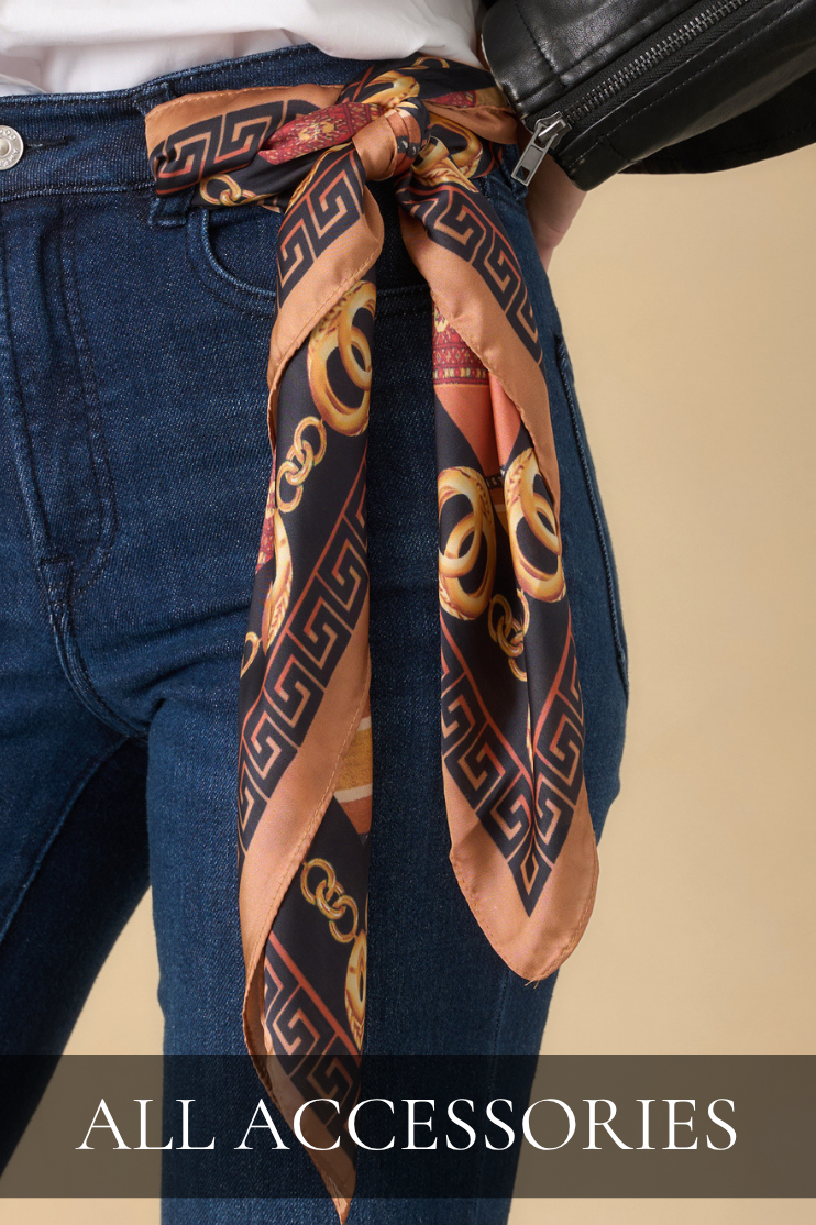 Model wearing a satin scarf as a belt. Text reads: "All Accessories."