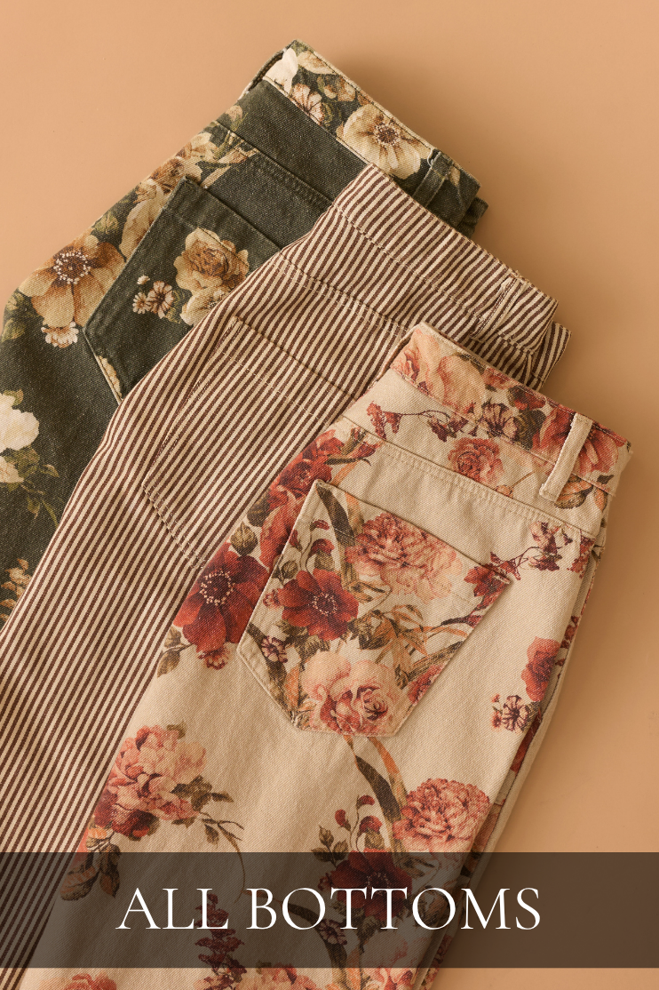 A picture of three different patterned pants. Text reads: "All Bottoms."