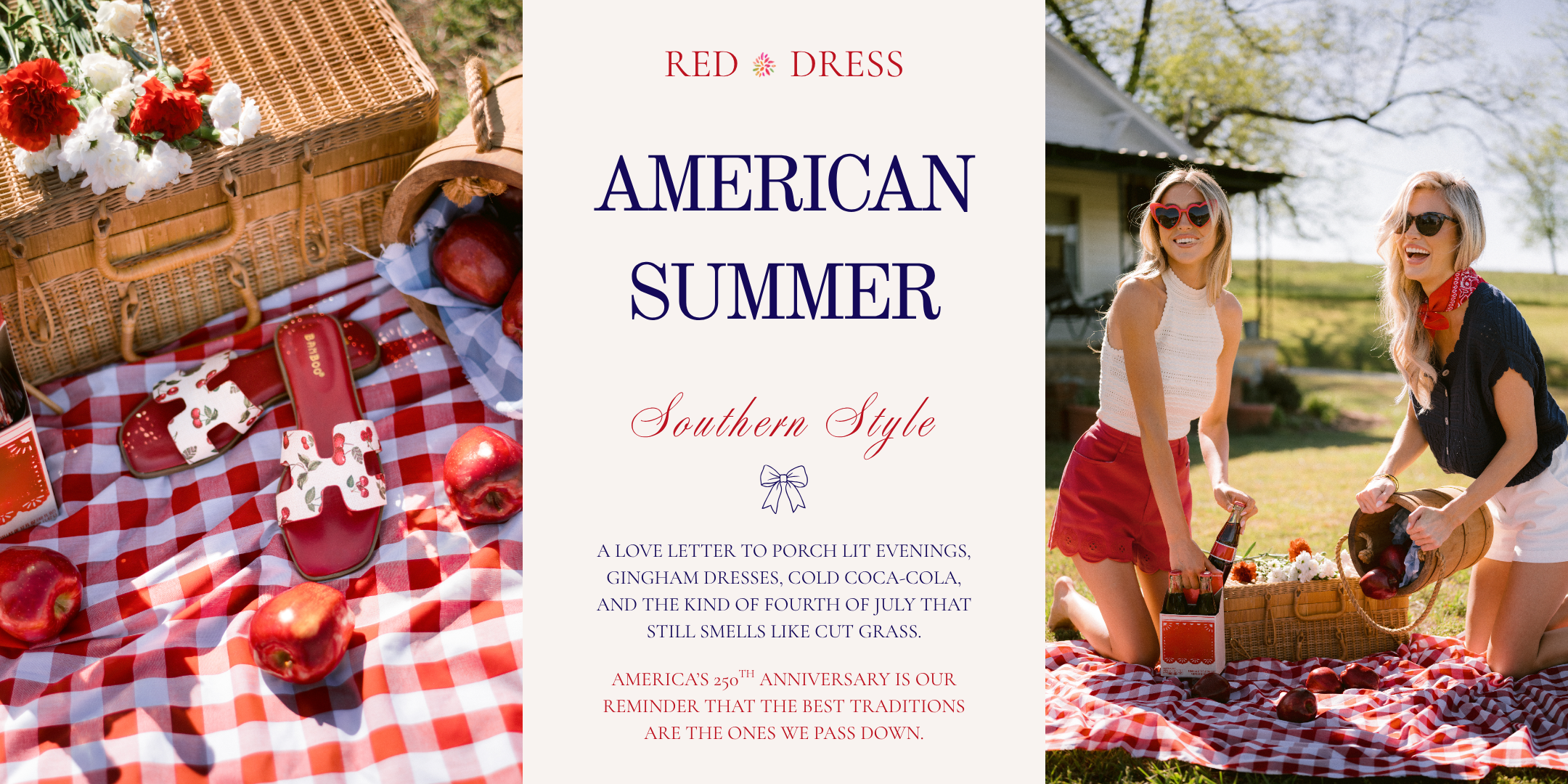 Banner promoting the "American Summer" collection. Shows a picnic setting with two girls in red, white, and blue clothing, drinking coca-cola, and eating apples. 