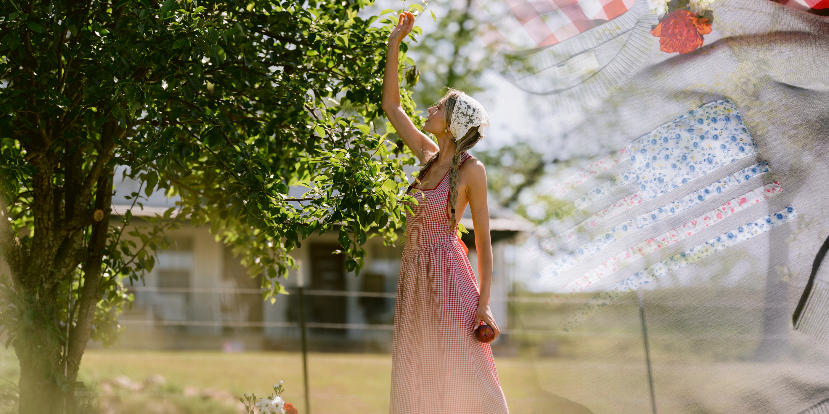 Woman in a red, gingham dress standing outdoors with a translucent overlay of an American flag sweater.