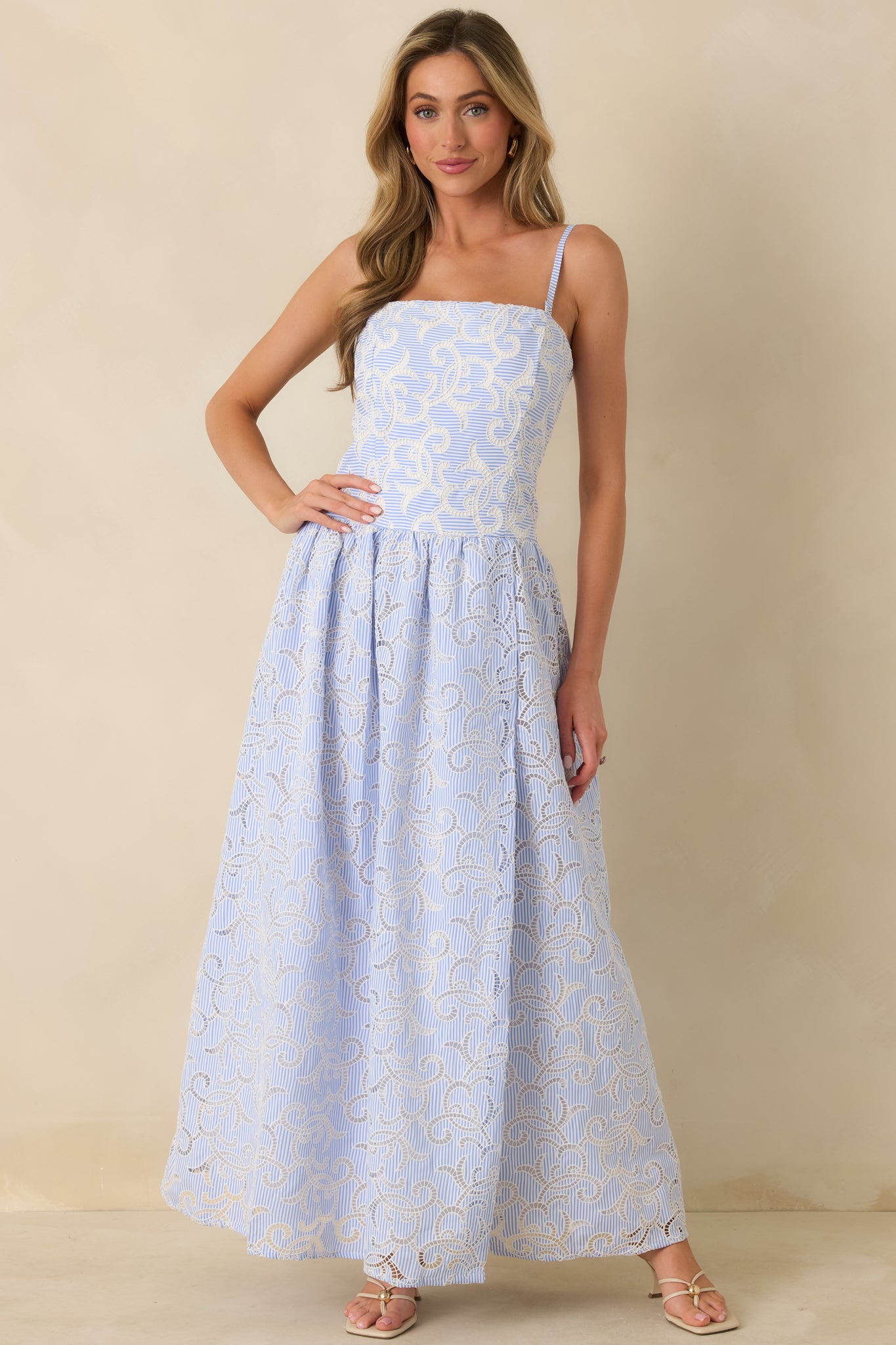 Women's The Space Between Blue Stripe Embroidered Eyelet Maxi Dress | Size: L | Red Dress Women's The Space Between Blue Stripe Embroidered Eyelet Maxi Dress | Size: L | Red Dress