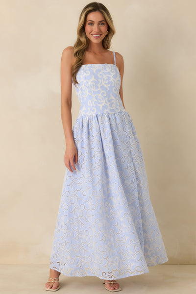 eyelet a line dress The Space Between Blue Stripe Embroidered Maxi My Actual Bust is:56