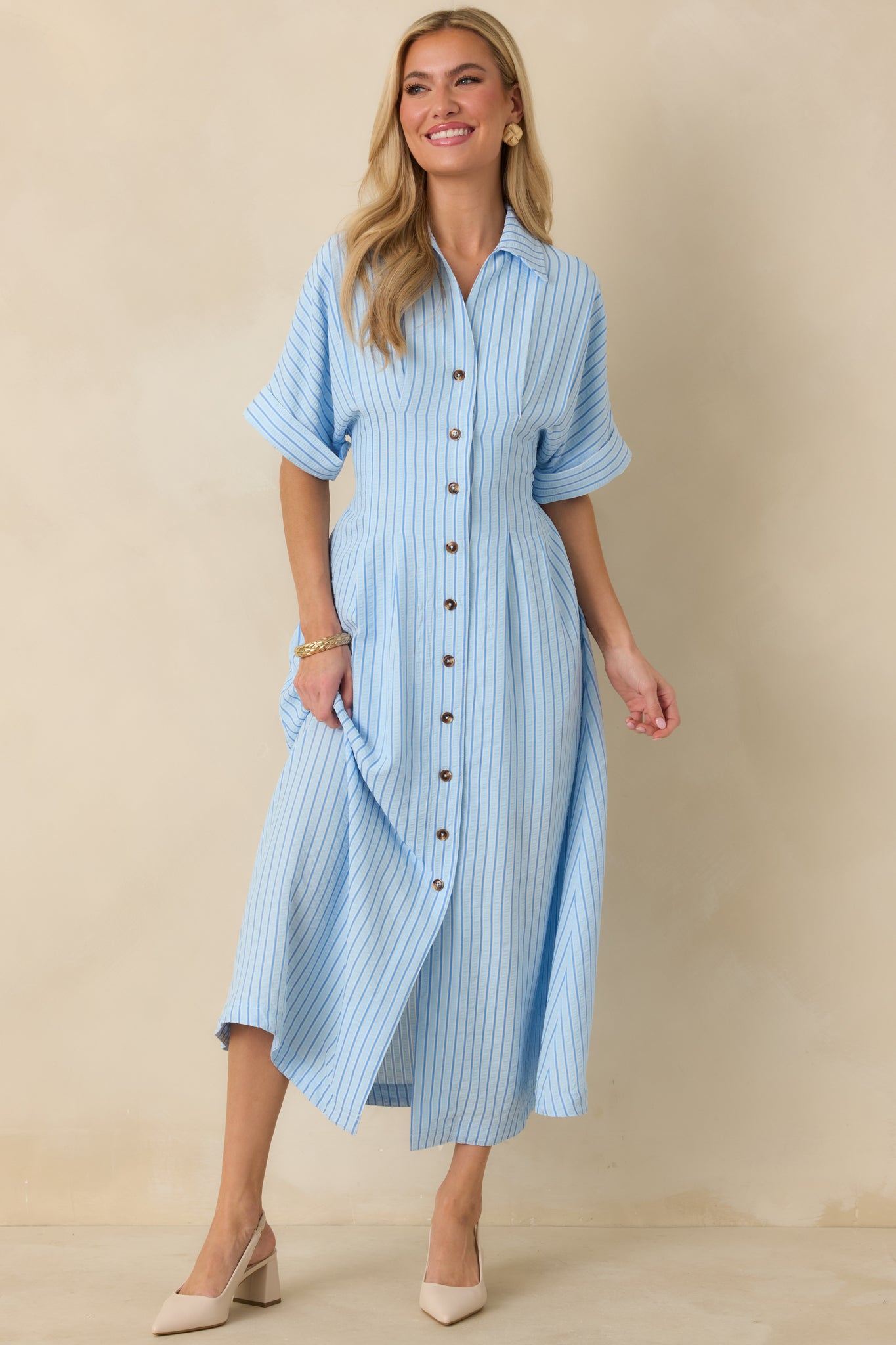 Wherever I Go Light Blue Stripe Smocked Waist Maxi Shirt Dress Wherever I Go Light Blue Stripe Smocked Waist Maxi Shirt Dress