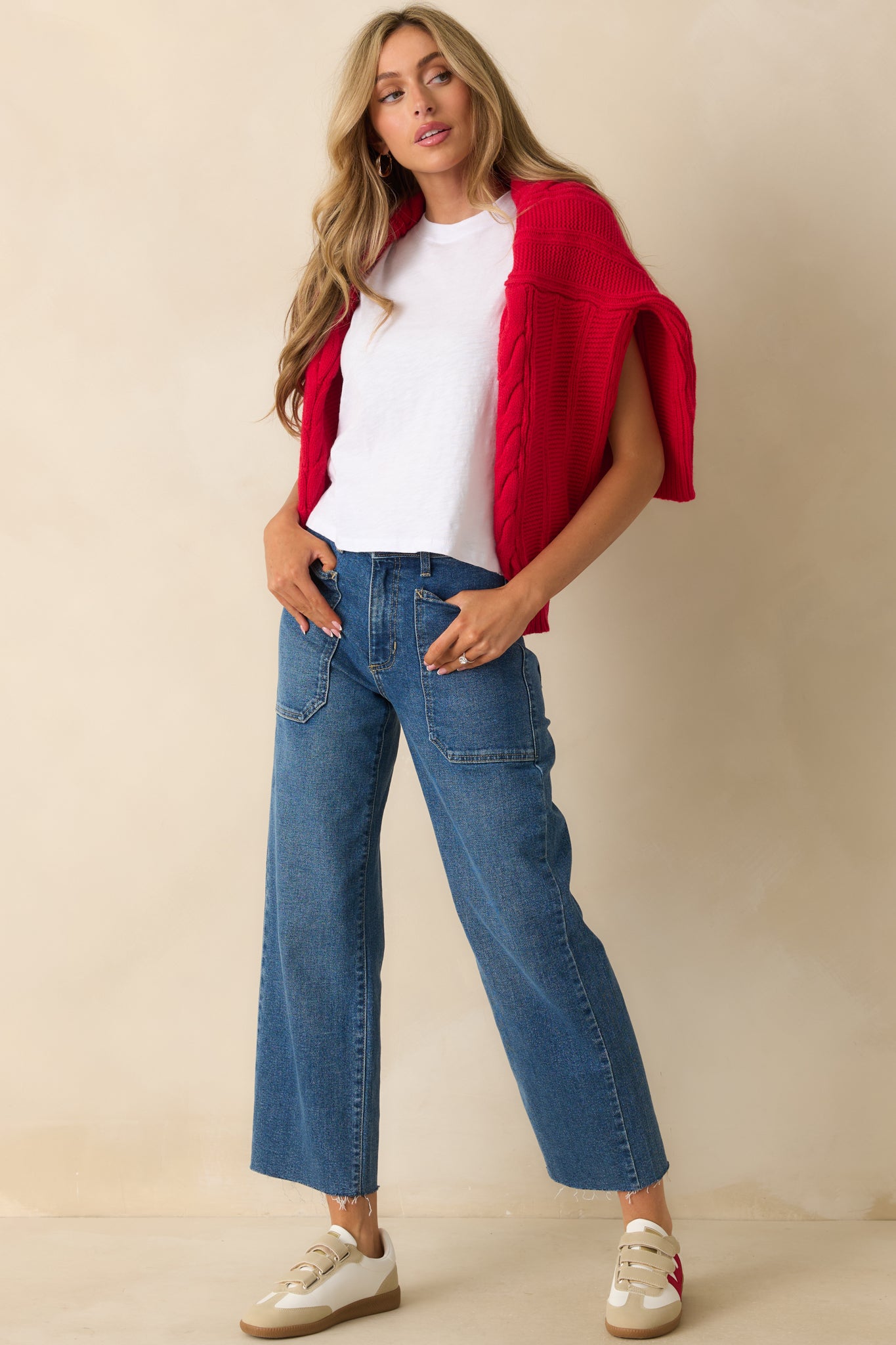 Angled front view highlighting the front patch pockets and relaxed wide-leg fit.