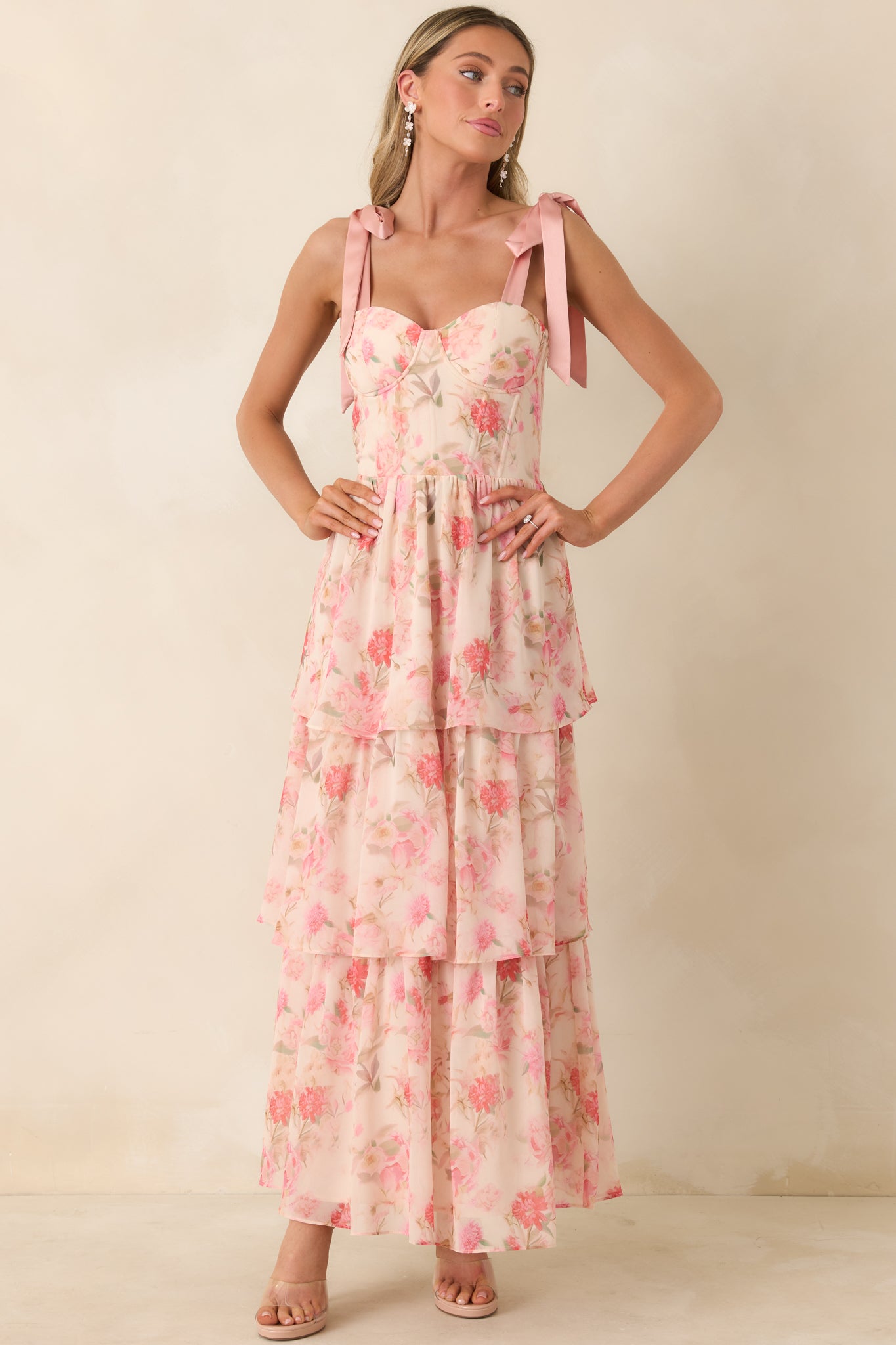 Ankle-length dress with structured bodice and airy chiffon layers for a fluid drape.