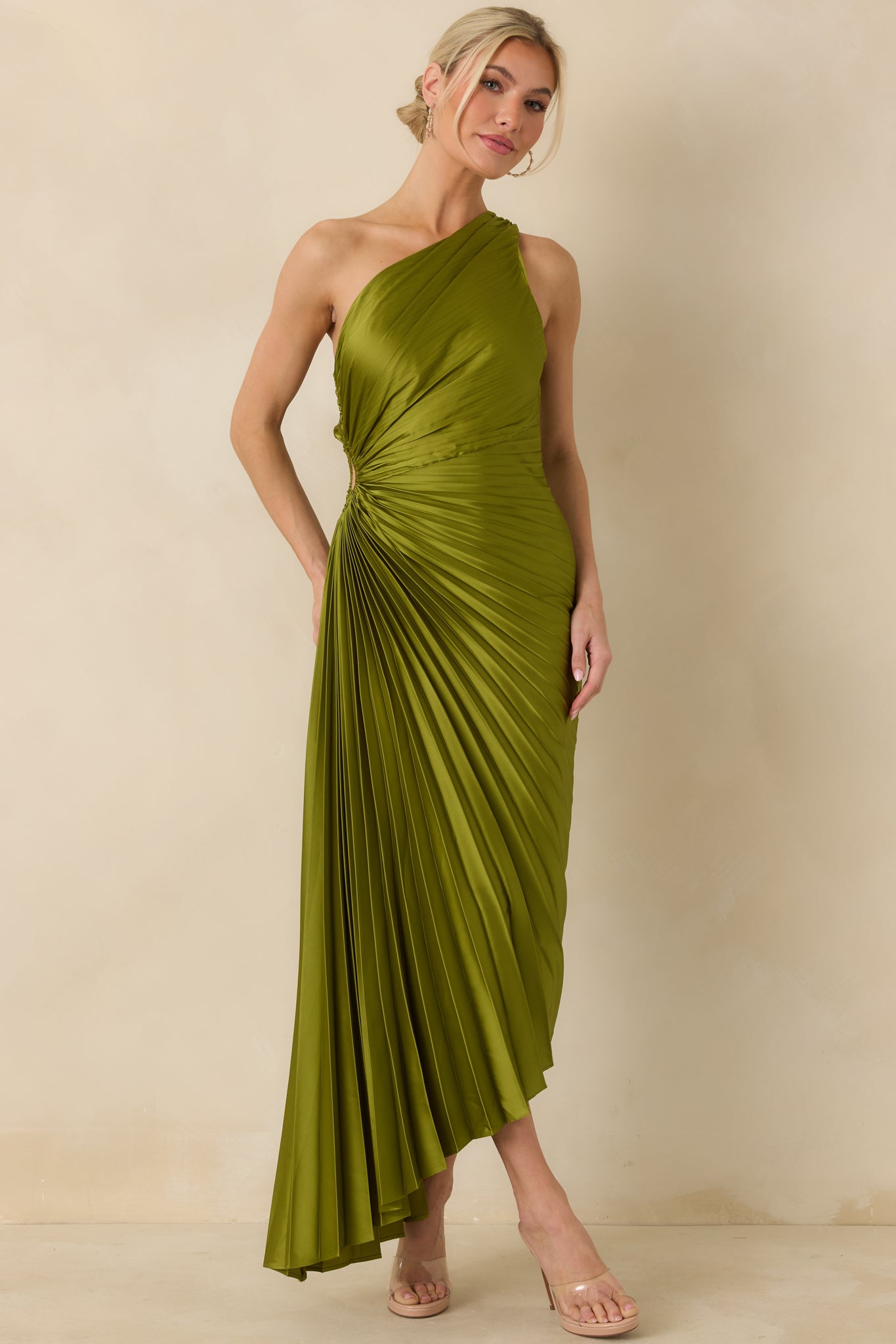 Olive Green Asymmetric One Shoulder Maxi Dress - Event Dresses