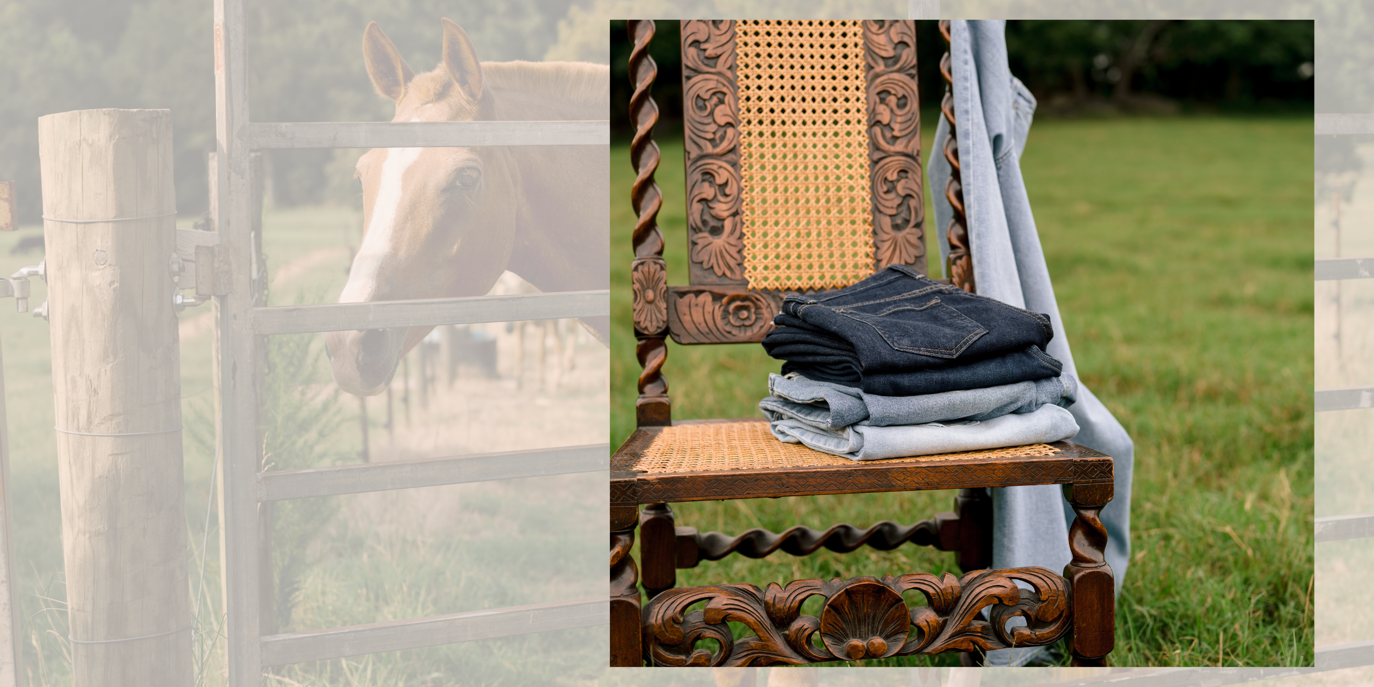 A rustic wooden chair outdoors on a grassy field, with folded dark blue jeans and a light blue shirt draped over it. A horse is faintly visible through a white fence on the left side of the composition.
