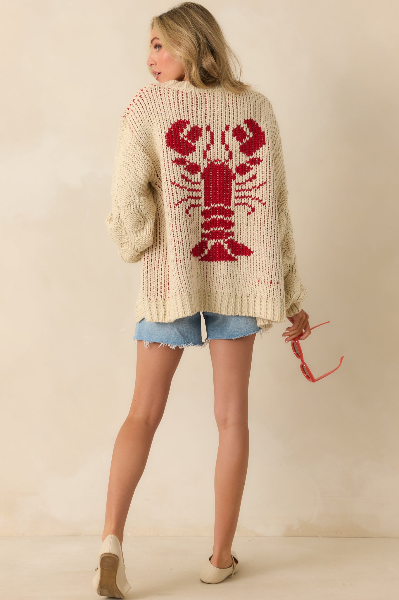 Ivory Lobster Motif Open Front Cardigan - Casual Tops | Red Dress