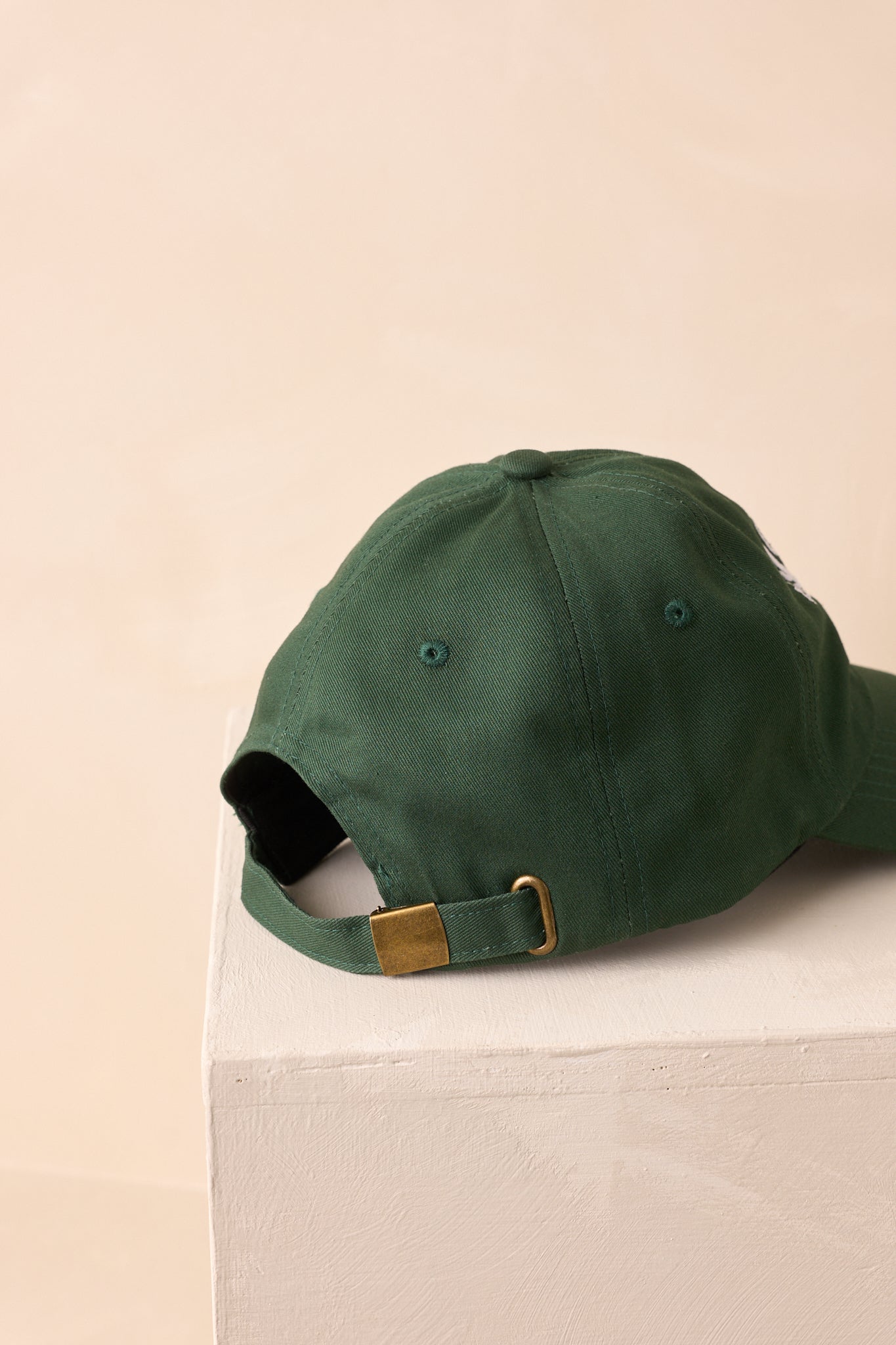 A back view of the baseball cap featuring the adjustable strap and stitched panel construction.