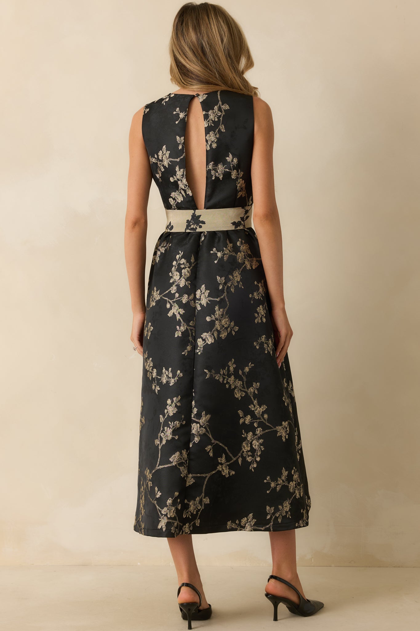 Black Floral Jacquard Bow Belt Maxi Dress - Event Dresses