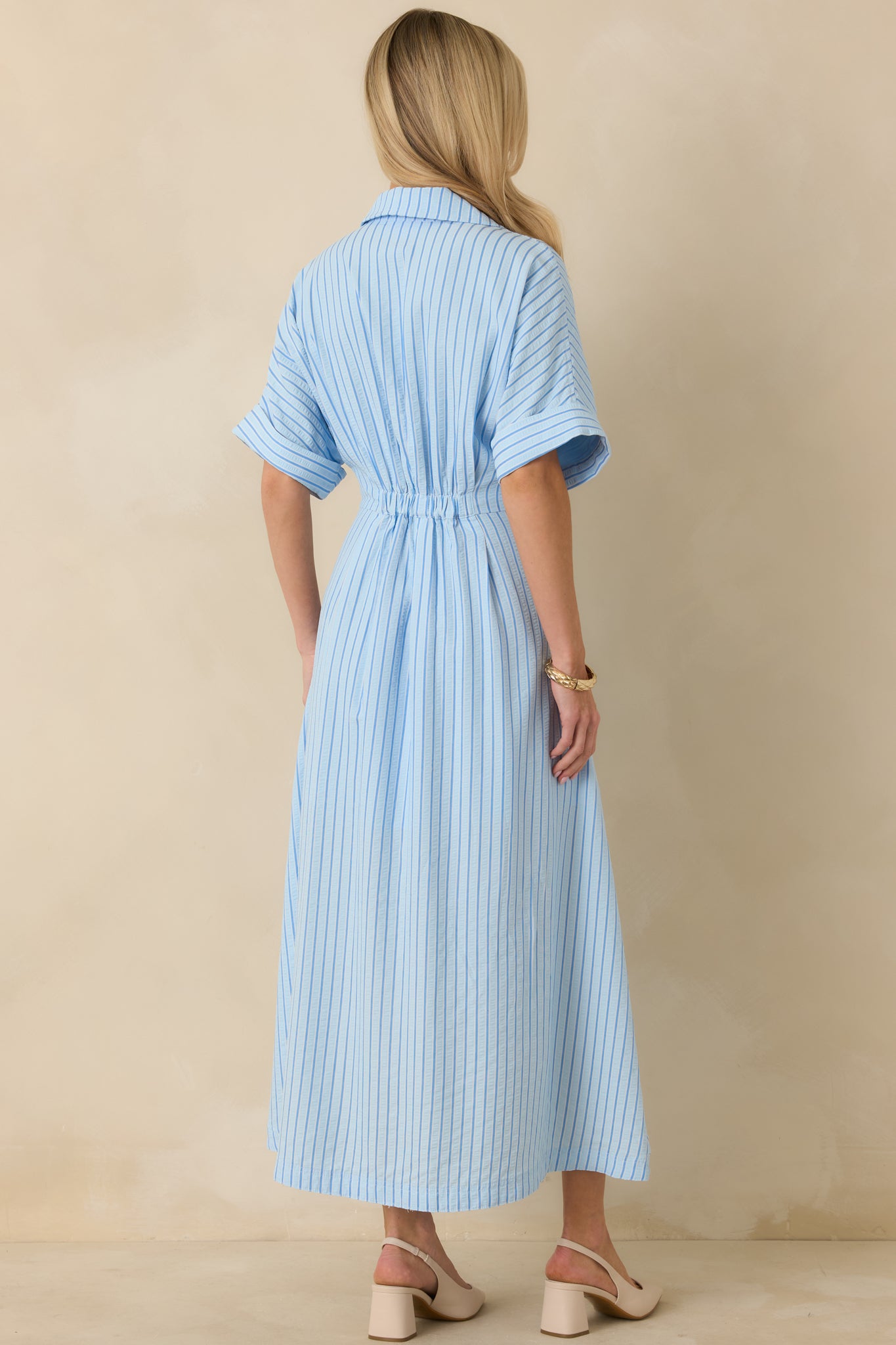 Light Blue Stripe Smocked Waist Maxi Shirt Dress - All Dresses | Red Dress Light Blue Stripe Smocked Waist Maxi Shirt Dress - All Dresses | Red Dress
