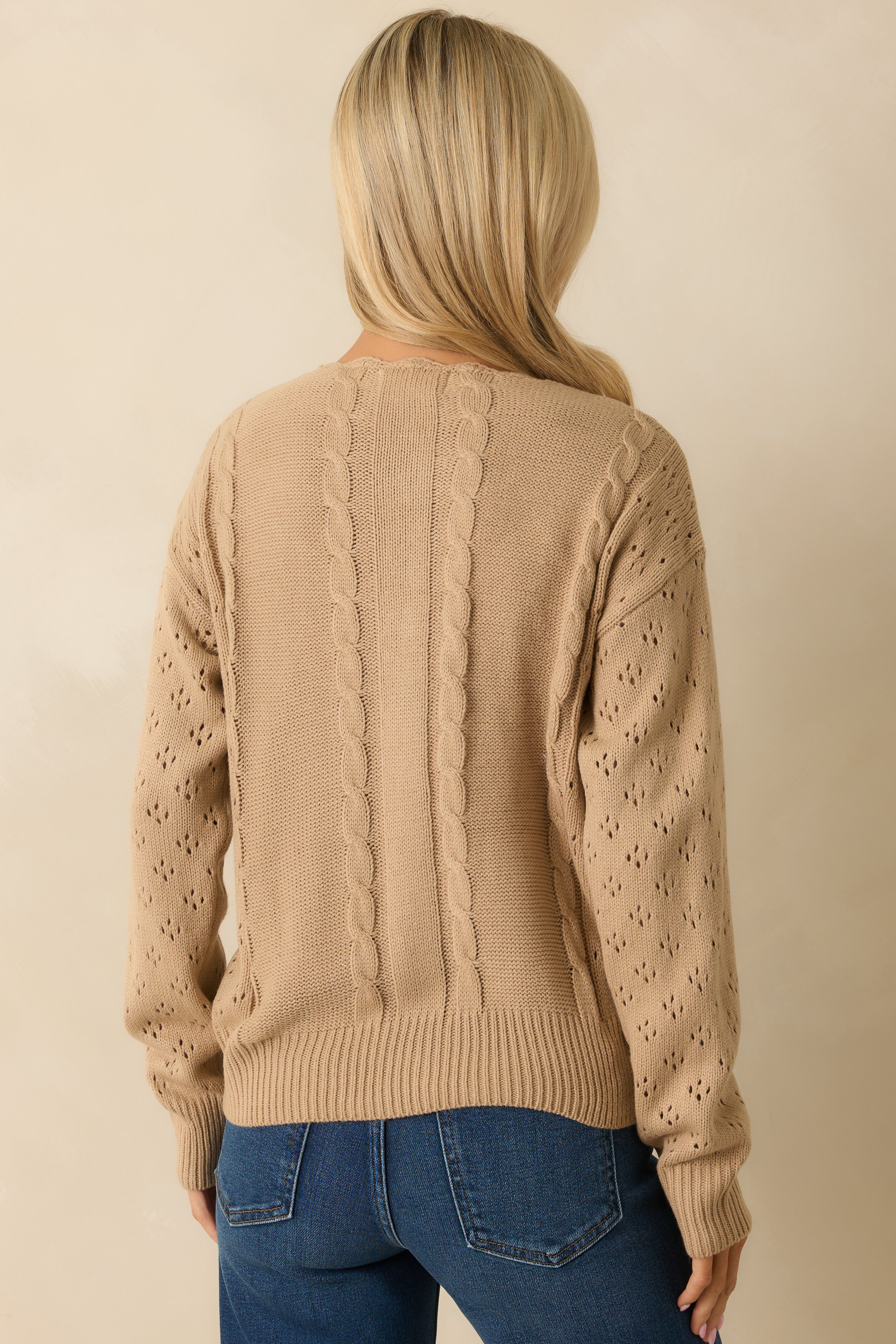 Back view of the cardigan showing the openwork sleeves and full back knit texture.