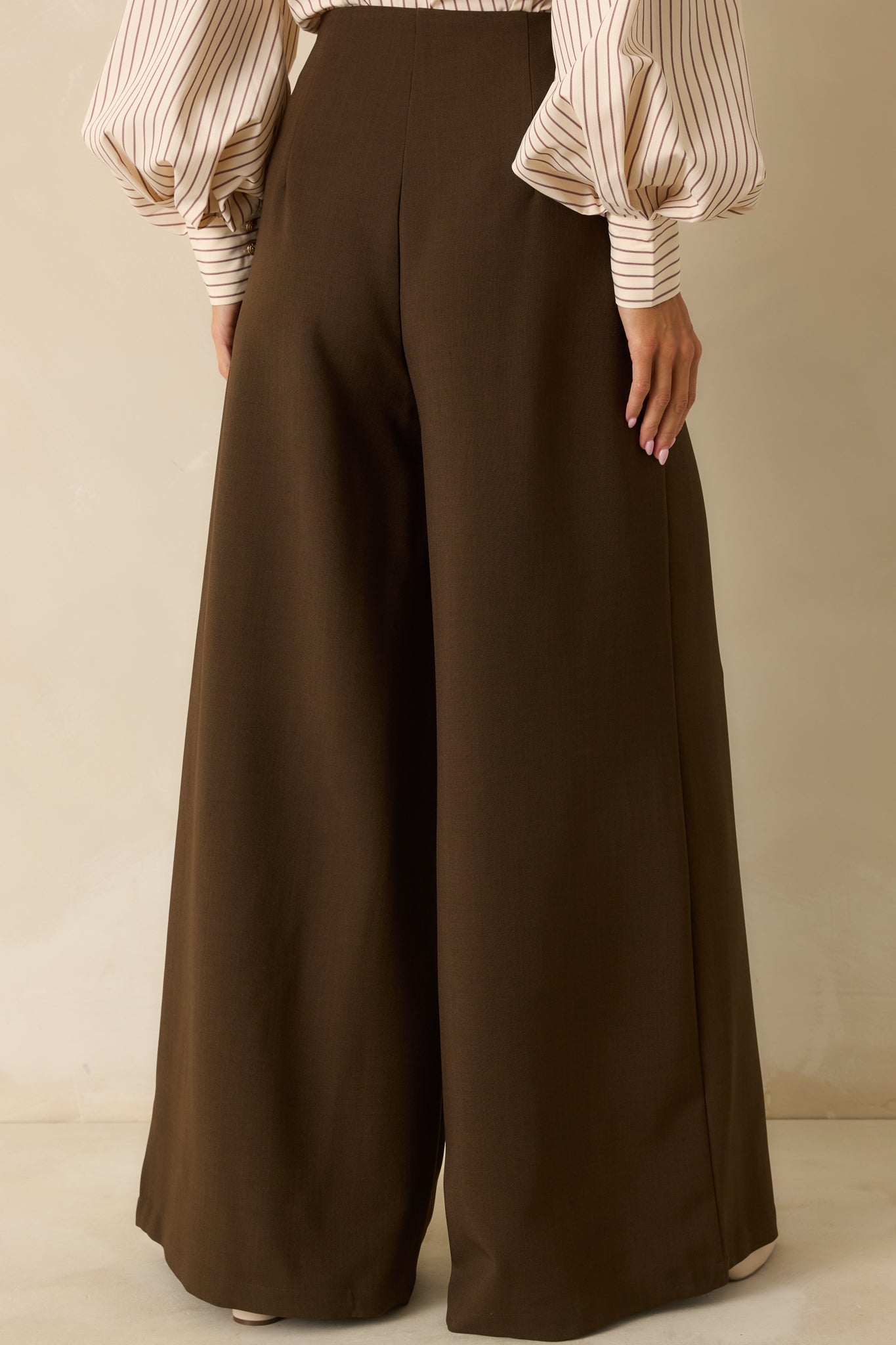 Back view of dark brown wide-leg pants featuring a concealed zipper and tailored fit.