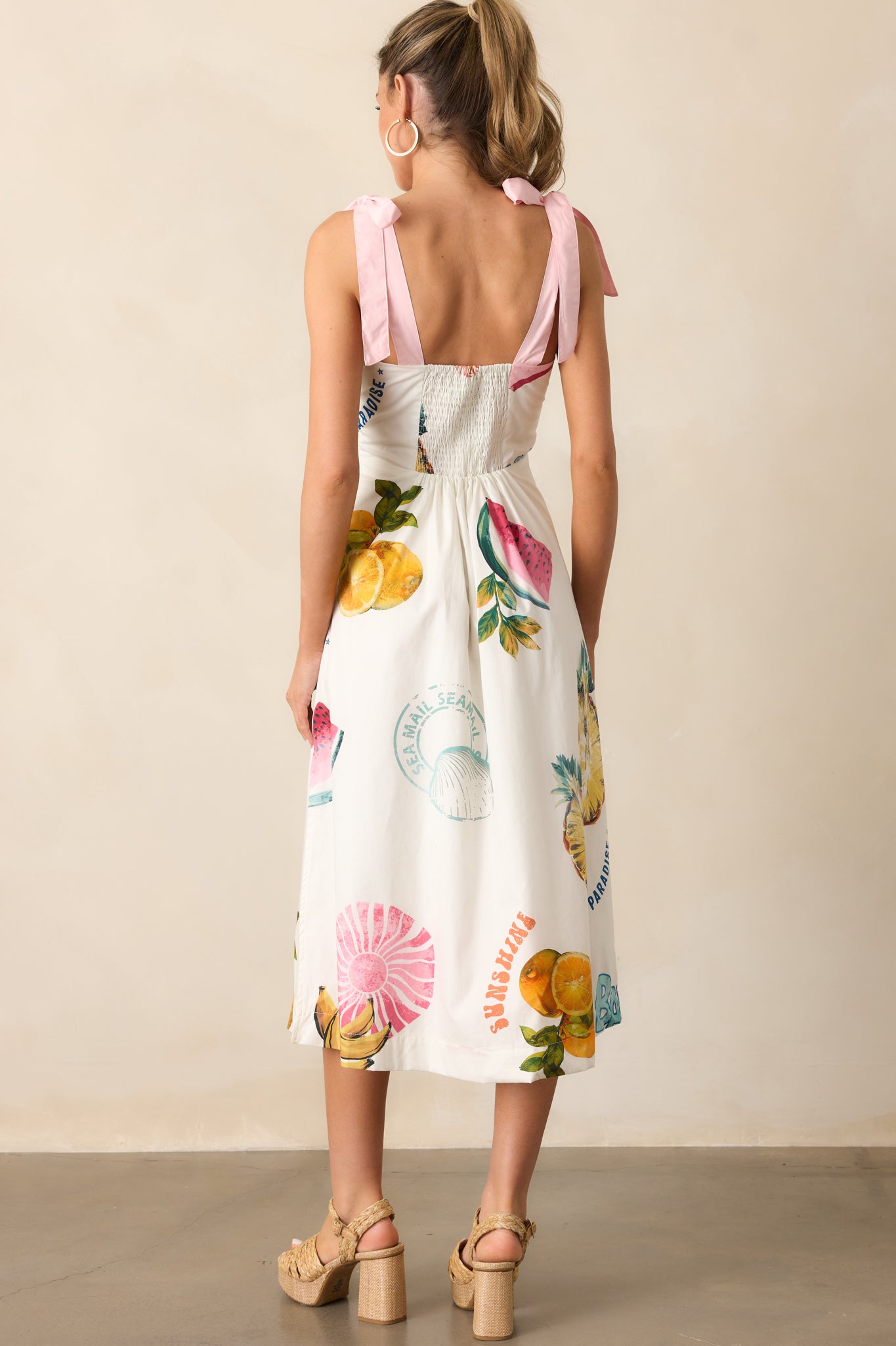 100% Cotton Ivory Tropical Fruit Print Midi Dress - All Dresses
