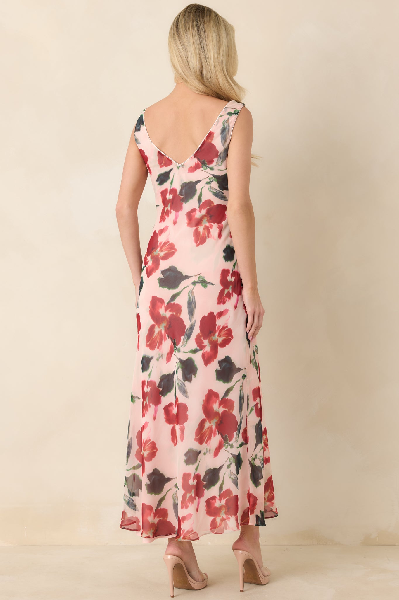 Back view of red floral midi dress featuring concealed zipper closure and smooth fitted finish.