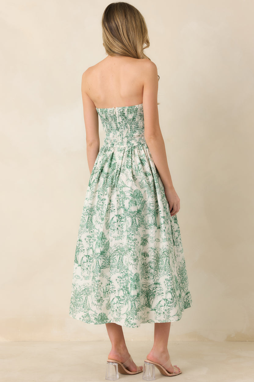The Genevieve 100% Cotton Strapless Green Toile Midi Dress