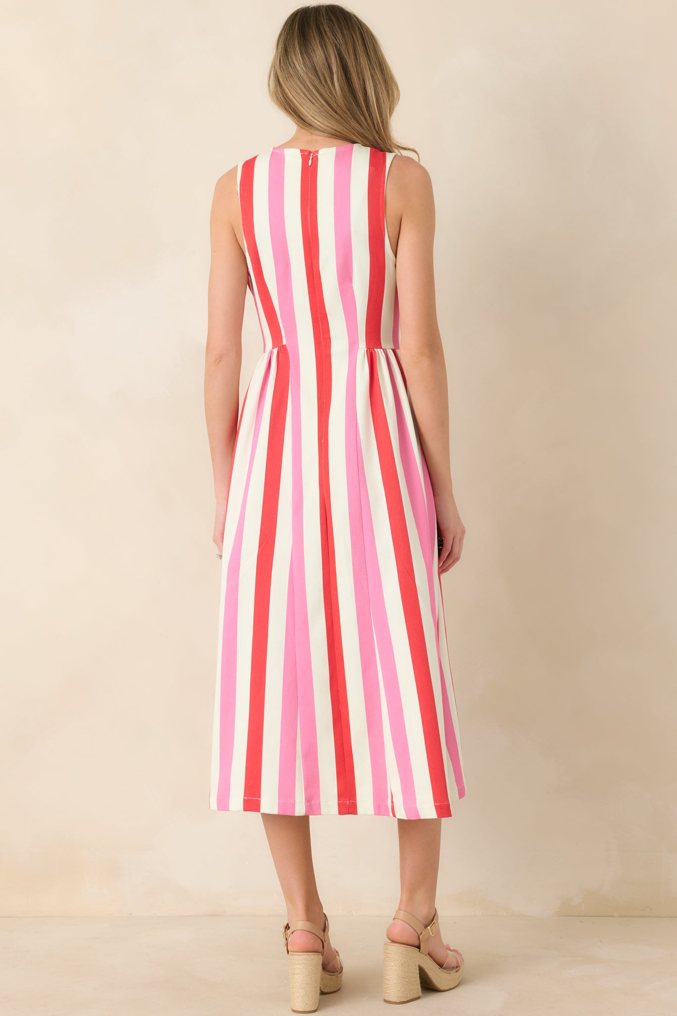 Pink Multi Stripe Cotton Sleeveless Midi Dress - All Dresses | Red Dress Pink Multi Stripe Cotton Sleeveless Midi Dress - All Dresses | Red Dress