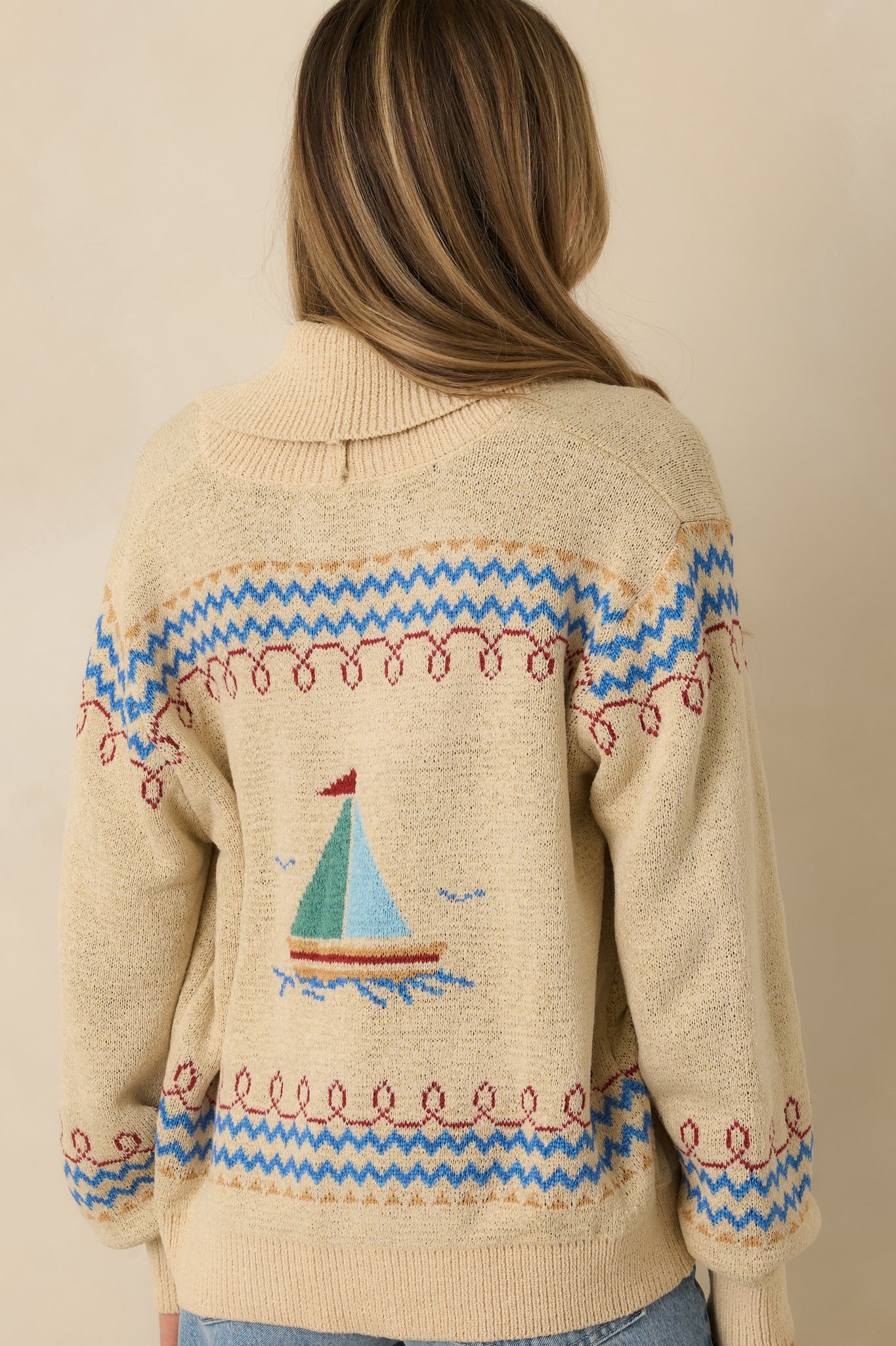 Light Beige Multi Knit Button-Up Sailboat Cardigan Sweater - All