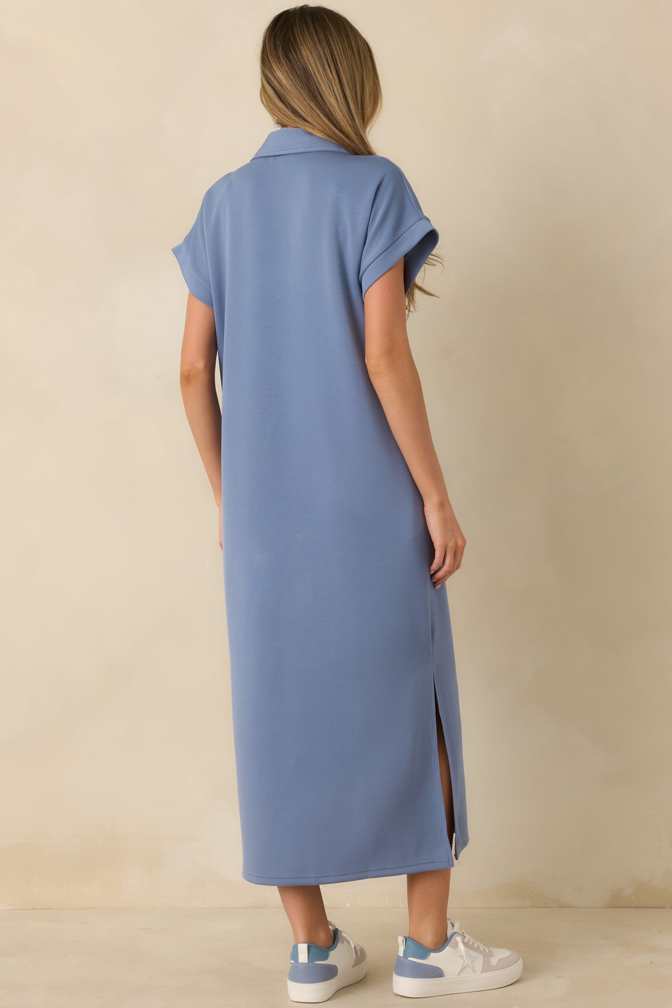 Chambray Blue Collared Midi T-Shirt Dress - All Dresses